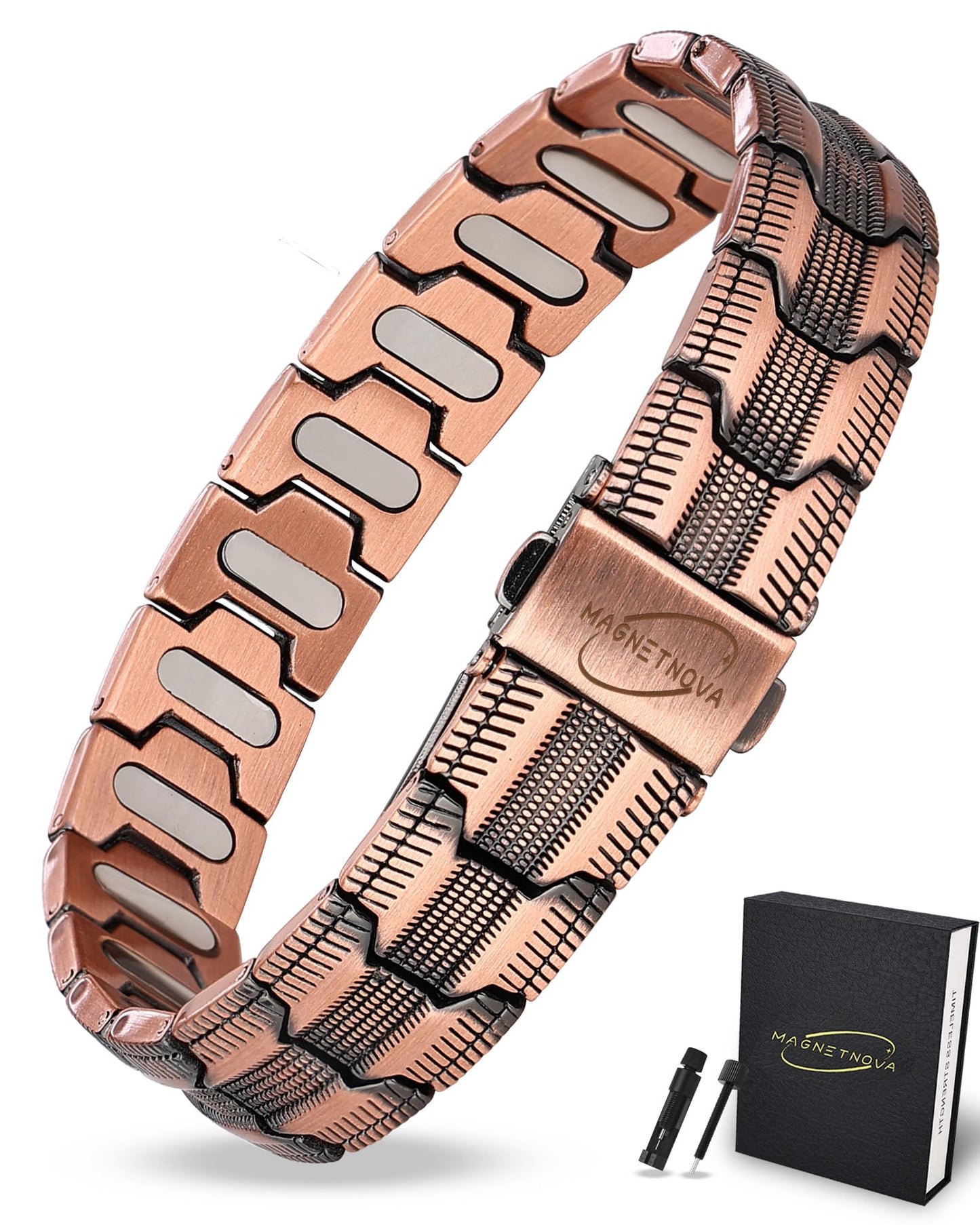 MagnetNova Ultra Strength Magnetic Bracelets for Men, 99.99% Pure Copper Bracelet with 5000 Gauss Magnets, Adjustable Size with Sizing Tool & Gift Box (Copper-15mm)
