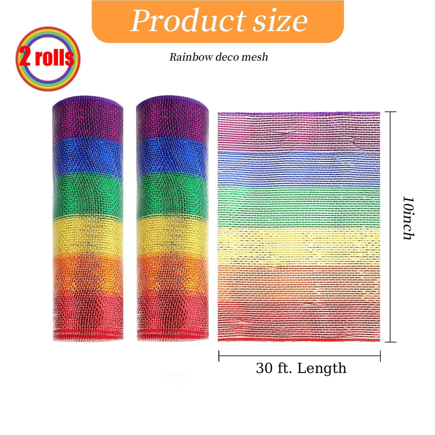 GouZaak 2 Rolls Rainbow Deco Mesh Ribbon 10 in x 30 ft, Metallic Mesh Ribbon Poly Mesh Rolls for DIY Wreath Supplies Christmas Tree Party Decoration Gift Wrapping,Floral