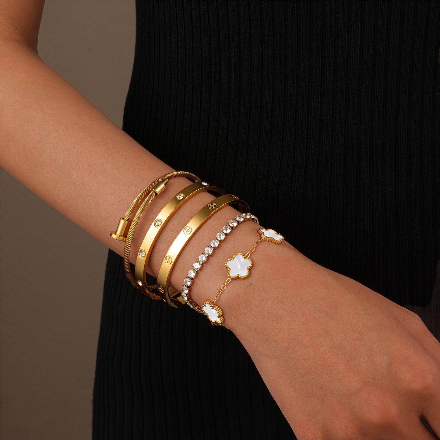 RIVOWMKI 18K Gold Plated Bracelet Set for Women, Sparkling CZ Bangle Adjustable Tennis Bracelet, Stackable Clover Jewelry, Non Tarnish Non Fade Long Lasting Shine for Client Meeting Afternoon Tea