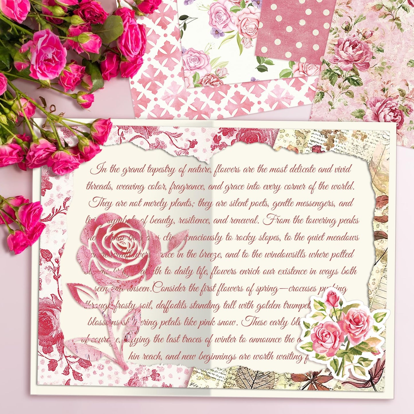 Konsait 24 Sheets Pink Flower Scrapbook Paper 12x12, Double Sided Rose Patterned Paper Floral Decorative Cardstock Pad Origami Papers for Card Making Romantic Scrapbook Supplies