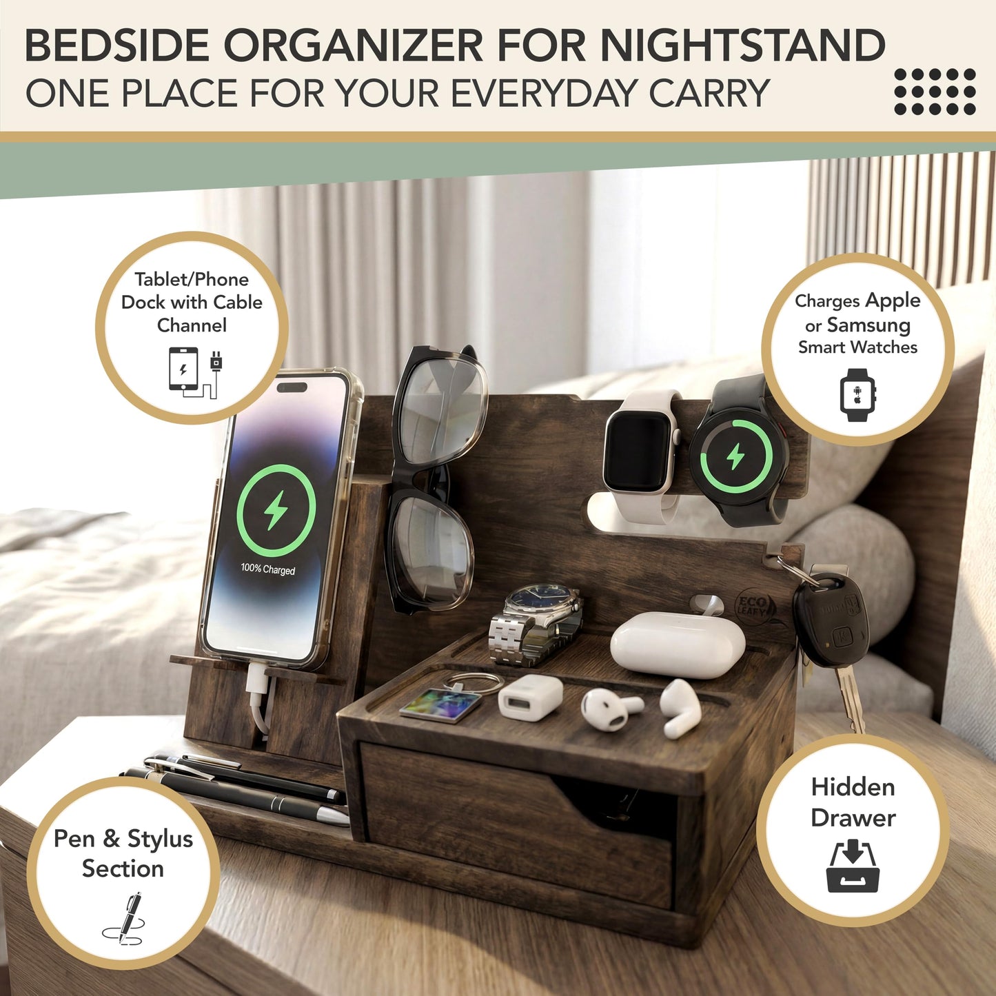 EcoLeafy Dot Nightstand Organizer- Phone Docking Station for Men- Unique Gifts for Husband, Father or Dad from Wife, Son or Daughter- Desk Organizer for Cellphone, Watches, Wallet and Key (Rustic)