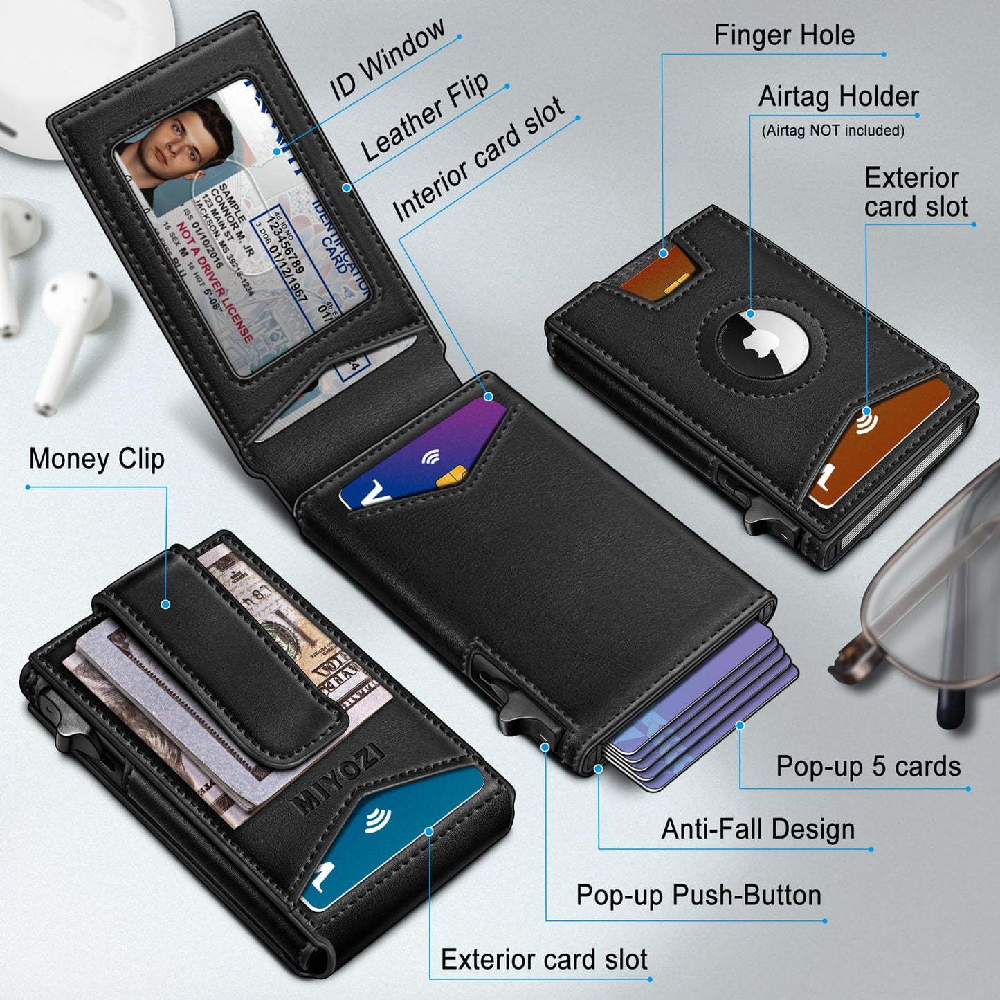 miyozi Airtag Wallet for Men Money Clip 9-Card Pop-Up Credit Card Holder with ID Window RFID Blocking Metal Case Magnetic Closure Front Pocket Wallet Gift Box