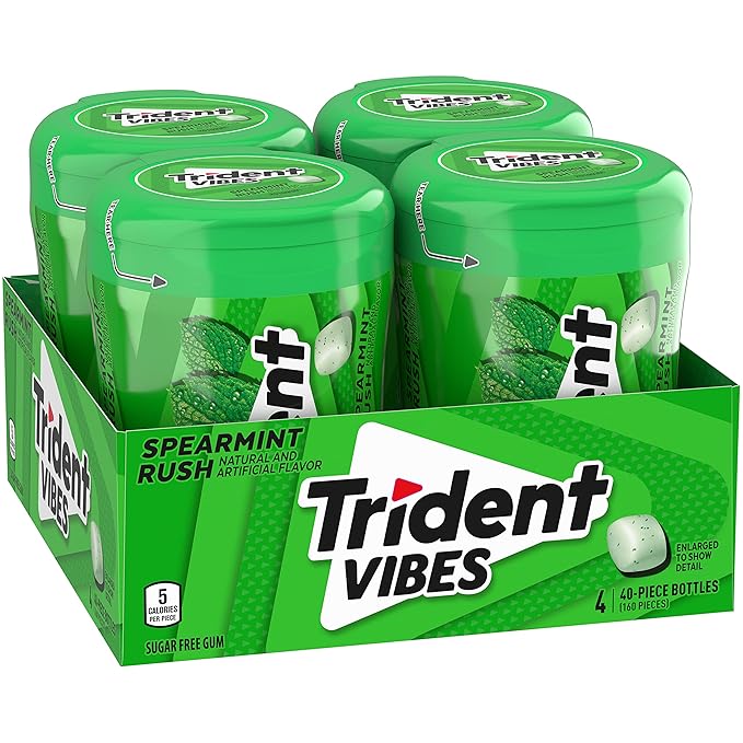 Trident Vibes Spearmint Rush Sugar-Free Chewing Gum, 4 Bottles of 40 Pieces (160 Total Pieces)
