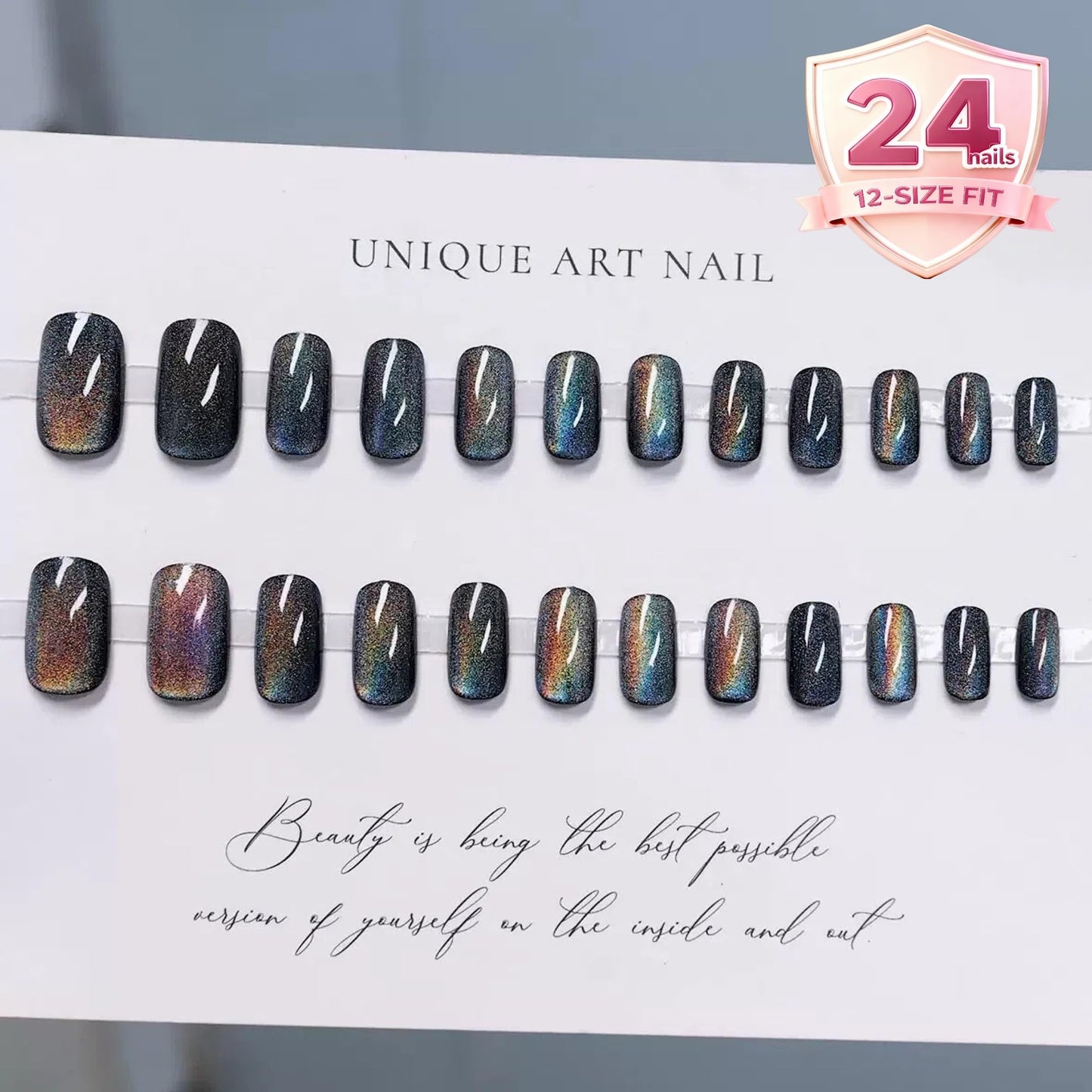 Black Cat Eye Holographic Press On Nails, Rainbow Glitter Magnetic Effect Fake Nails, Glossy Square Galaxy False Nails for Women, Reusable Full Cover Nail Tips – 24PCS