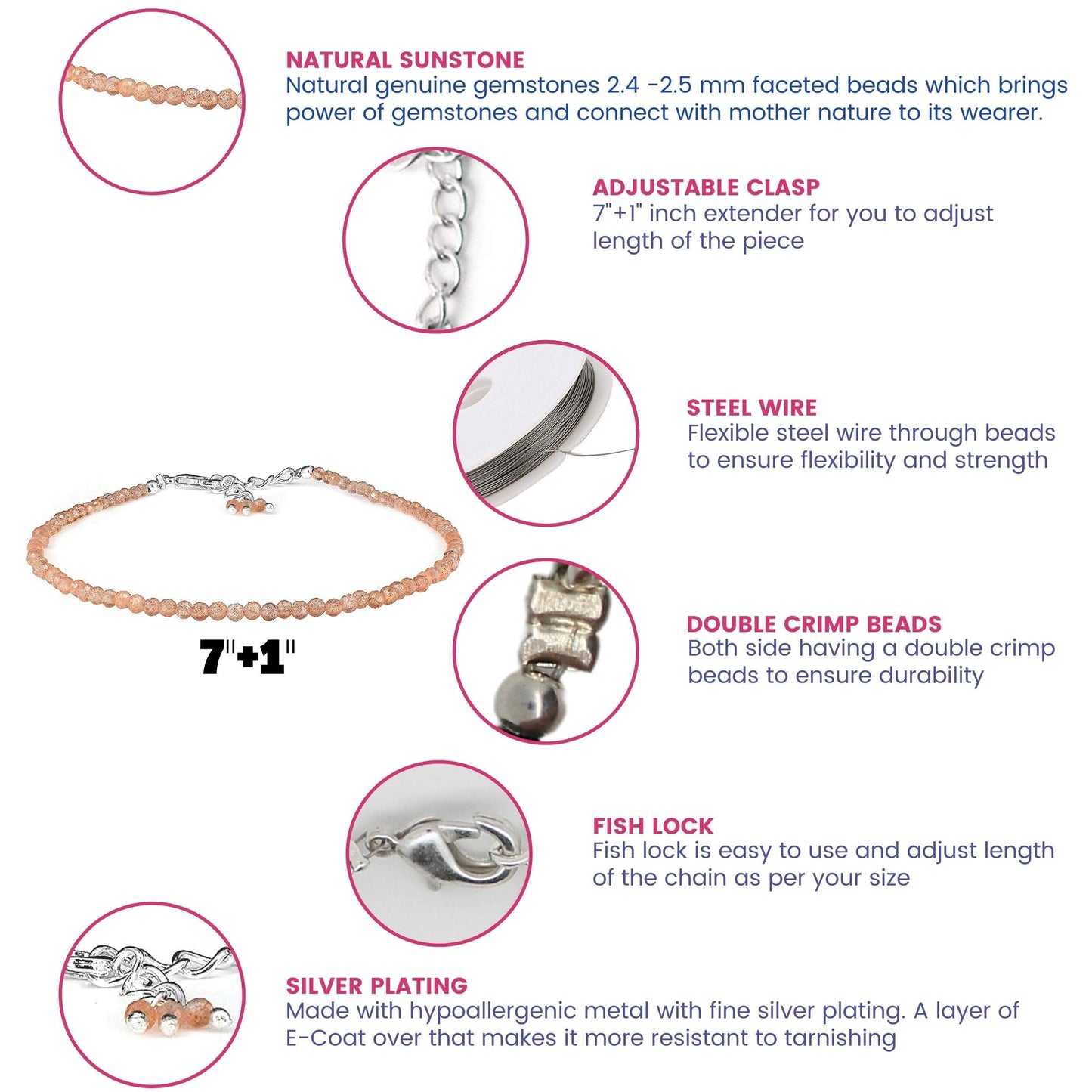 Gempires Handmade Sunstone Gemstone Beaded Bracelet for Women | 2.4–2.5 mm Faceted Natural Stone | Adjustable 7+1 Inch Silver Plated Chain | Dainty Minimalist Stacking Jewelry | Orange Sparkle Stone Gift