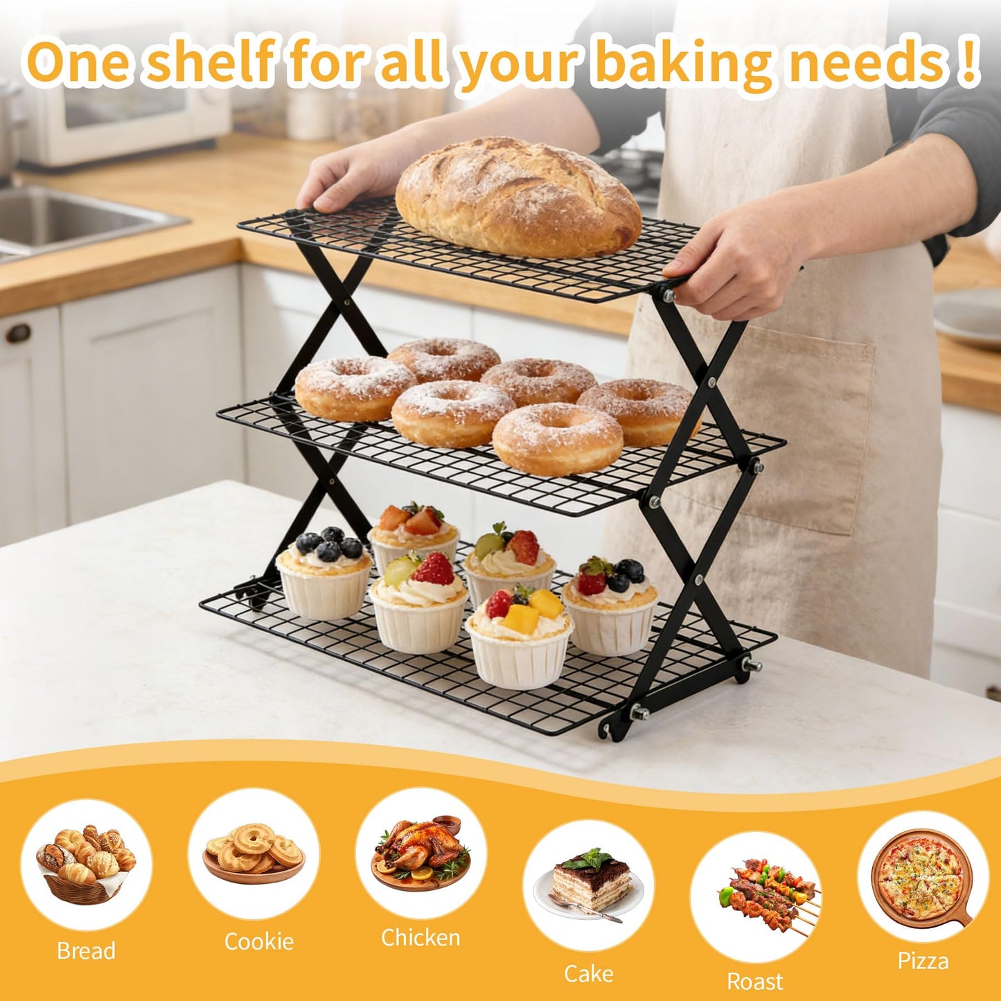 ZESHIHAOGUO 3-Tier Collapsible Cooling Rack with 3-Setting Design, Heavy-Duty Steel Baking Rack for Oven Safe Cooking & Space-Saving Storage