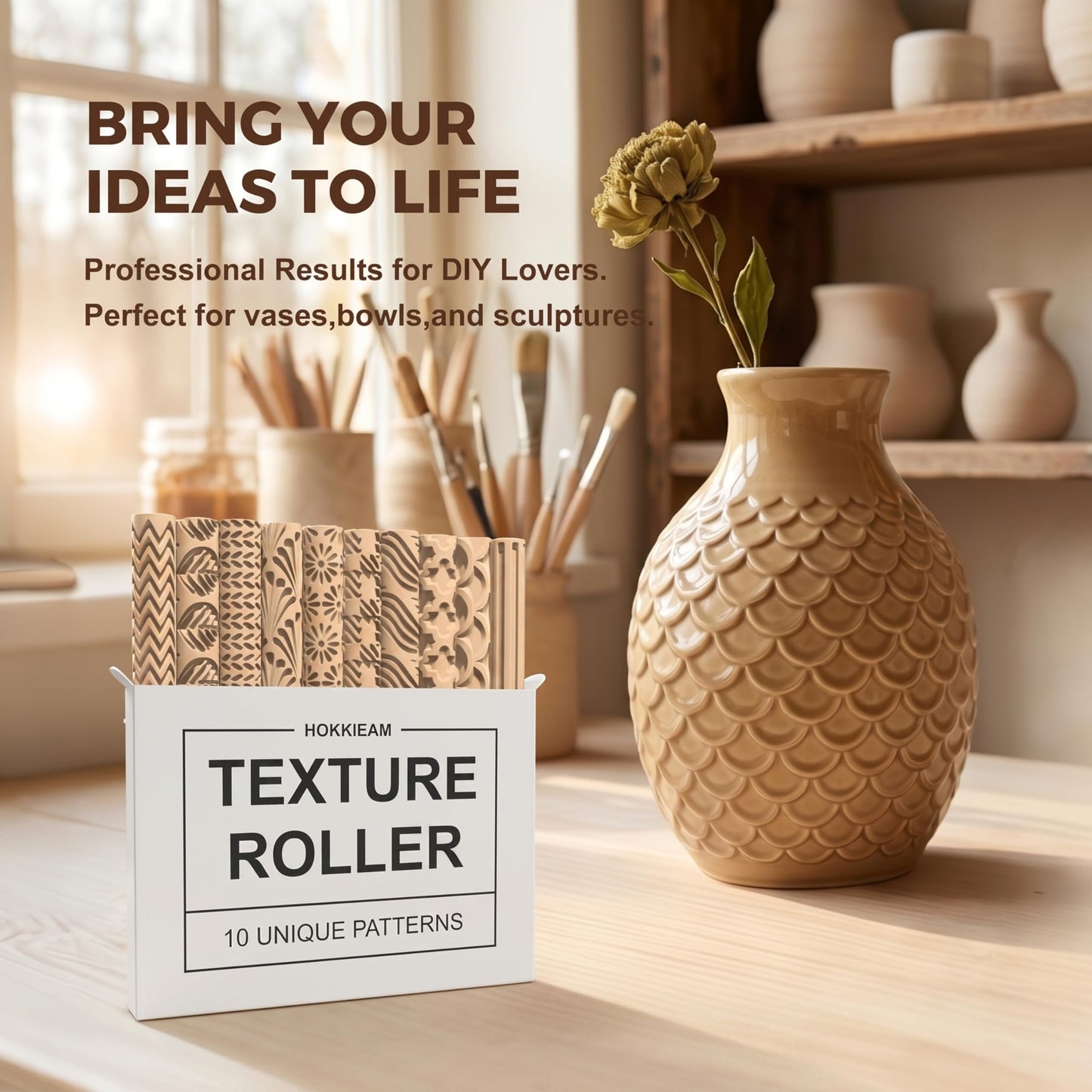 Hokkieam Clay Texture Rollers | 10-Pack Polymer Clay Texture Roller Set for Pottery & Crafting