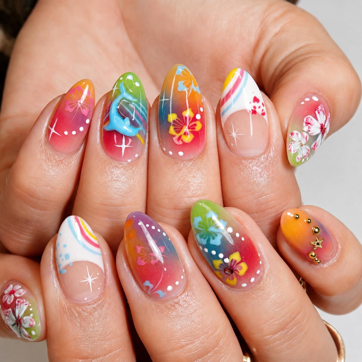 Medium Press on Nails Almond Fake Nails Colorful Artificial Nail Tropical Flower Dolphin Rainbow Gradient Star Dot Summer Beach Design Stick on Nail for Women 24pcs