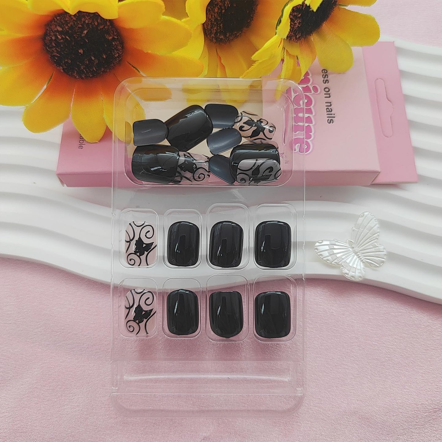 Acrylic Press On Nails - Short Square Fake Nails with Black Butterfly Designs - 24 Pcs Glossy Glue On Nails for Women