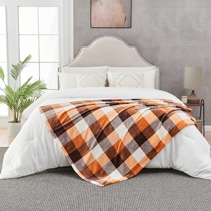 SOCHOW Buffalo Plaid Flannel Fleece Throw Blanket 50 x 60 Inches, Soft Lightweight Cozy All Season Orange Checkered Blanket for Bed, Couch, Car