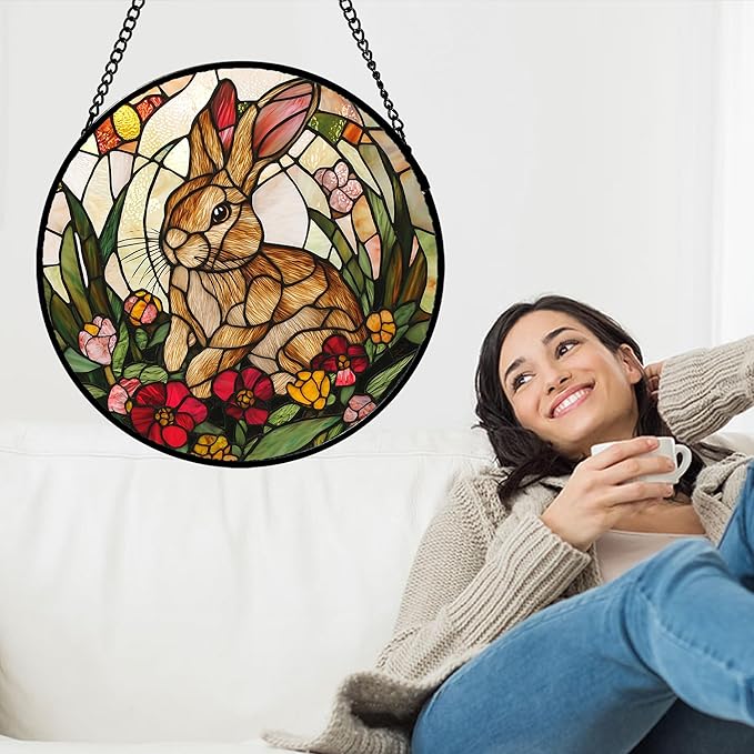 Stained Glass Window Hanging, Cute Bunny Flowers Sun Catcher for Window Door Home Decor, Rabbit Suncatcher Christmas Mother's Day Birthday Gifts for Women Men Mom and Nana 6.3 in