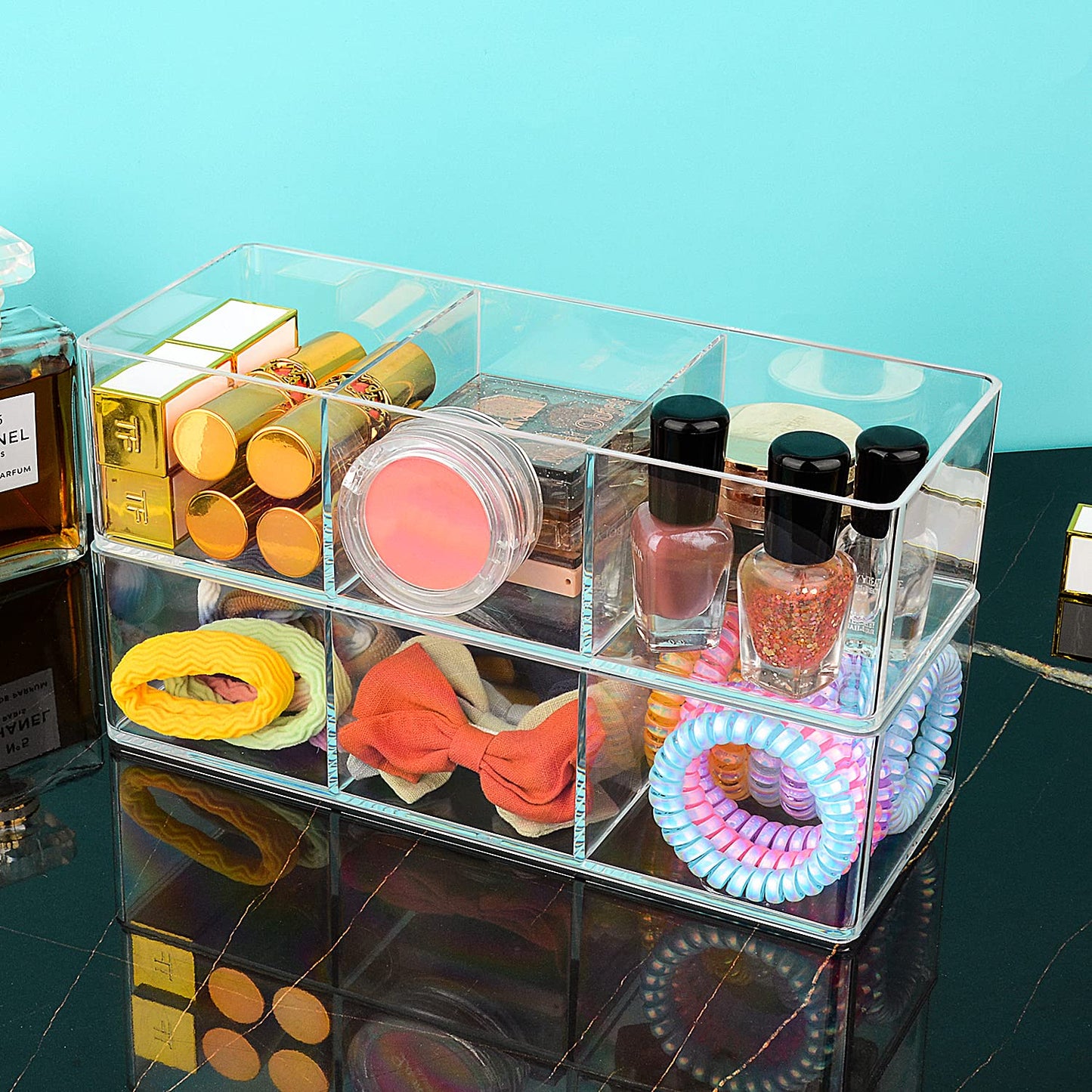 JessLab Acrylic Makeup Organizer, 3 Pack Stackable Cube Sections for Drawer, Vanity, Countertop, Bathroom, Kitchen and Cabinet Storage, 3 Compartment