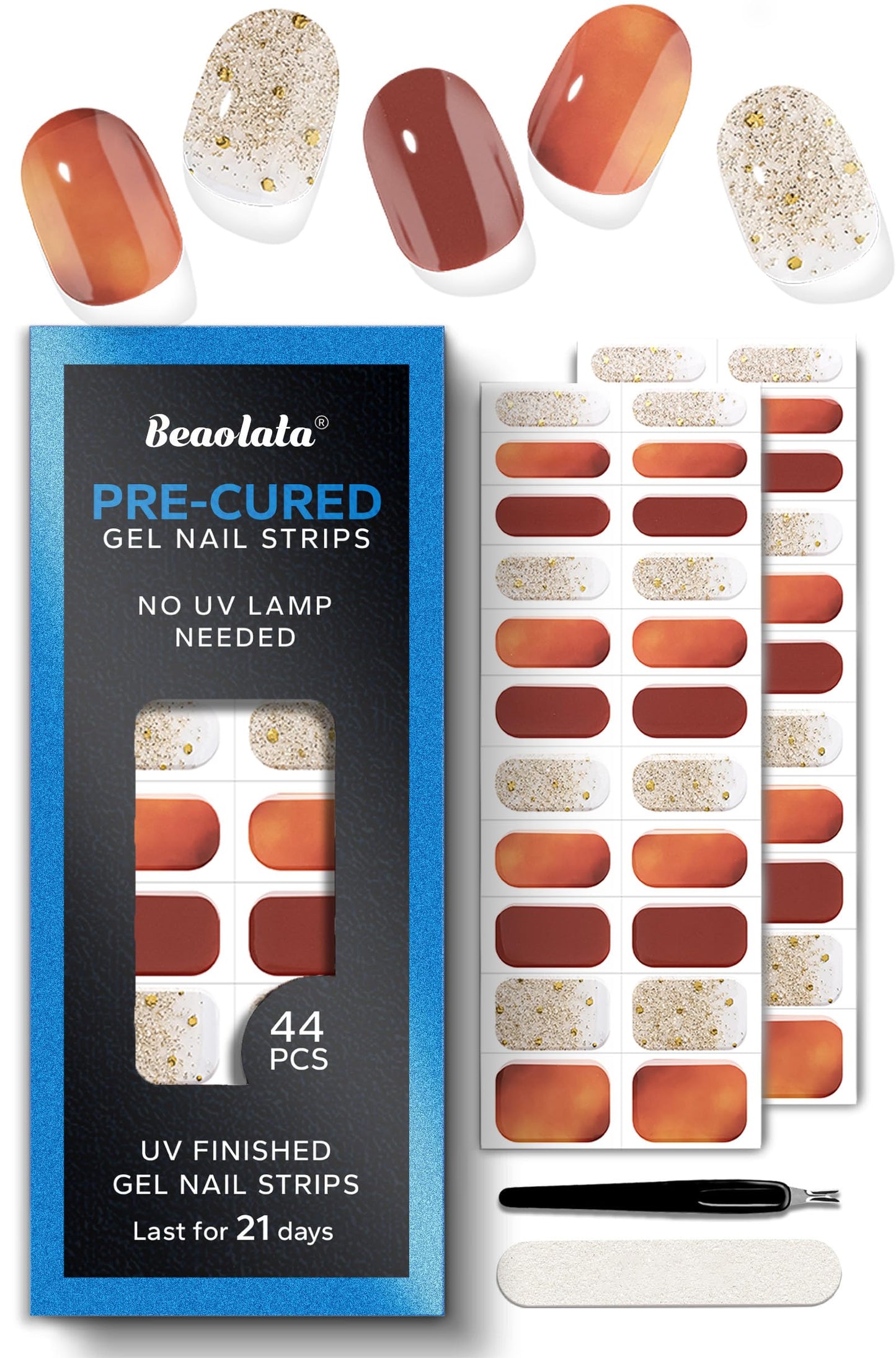 Beaolata Real Gel Nail Strips (No UV Light Needed) - 44Pcs Salon Quality Nail Stickers - Long Lasting Polish Wraps for Women, Easy Apply & Remove (Sunlit Amber Brown)