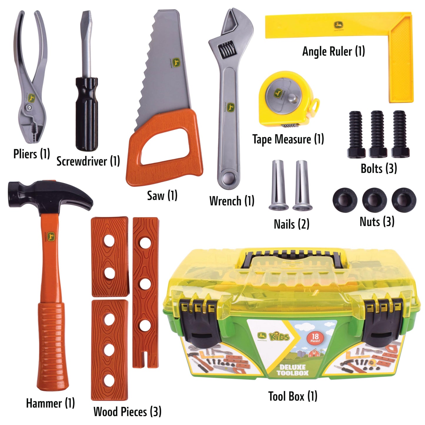 John Deere 18 Piece Deluxe Tool Box, Construction Playset with Tape Measure and Tools, Interactive Building Toys, Preschool Toys for Boys and Girls