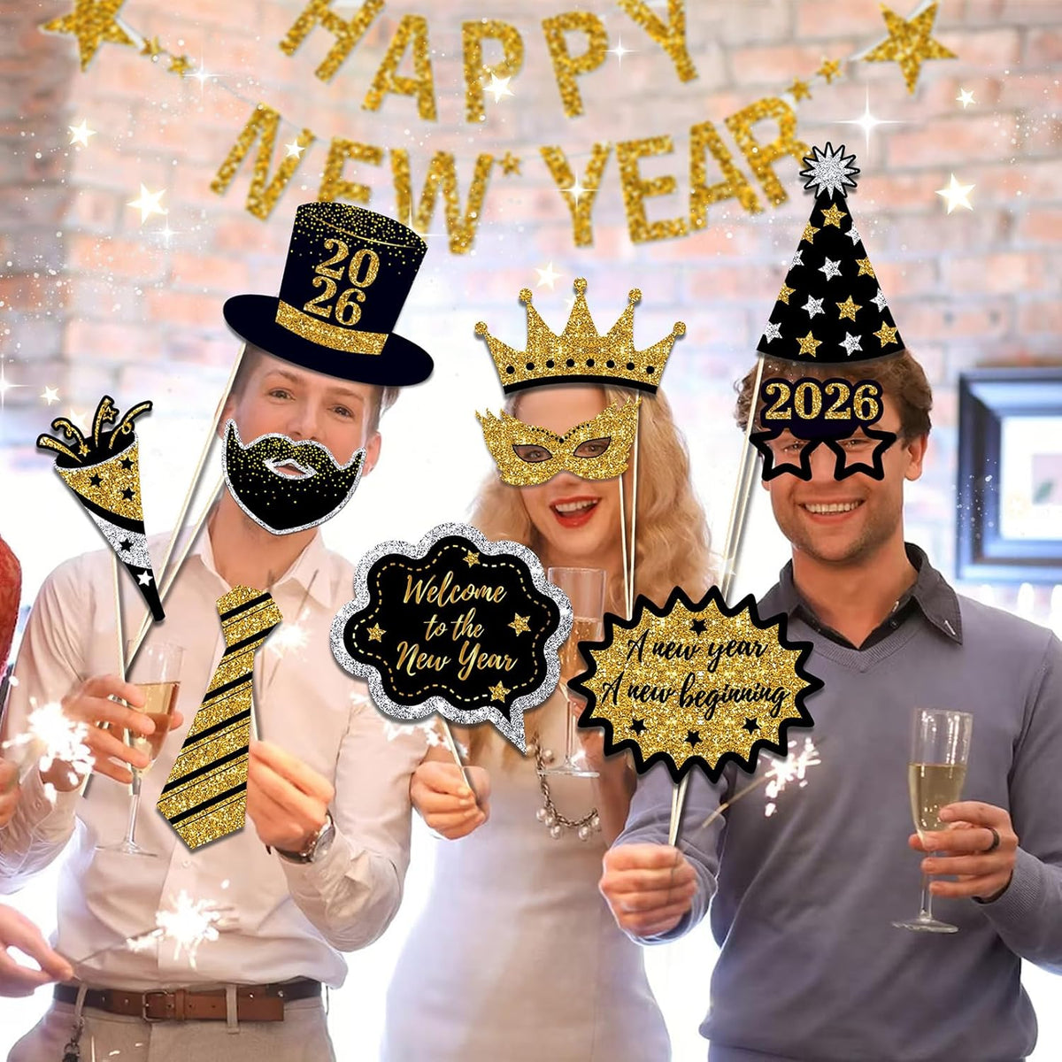 New Years Eve Photo Booth Props 2026, 30 Pcs Black Gold and Silver Funny New Years Eve Party Photo Booth Props for Happy New Year 2026 Party Decorations