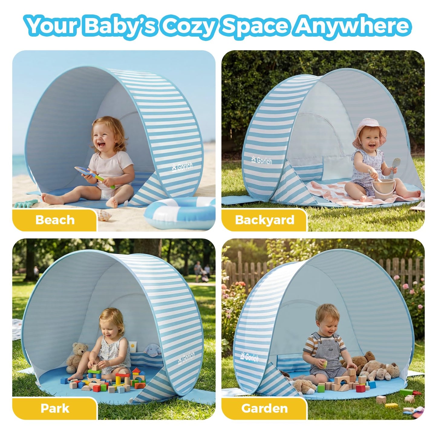 Gorich Pop Up Baby Beach Tent with UPF50+ UV Protection, Portable Toddler Sun Shelter with Mesh Ventilation, Lightweight & Foldable Play Shade Tent for Beach, Park & Backyard