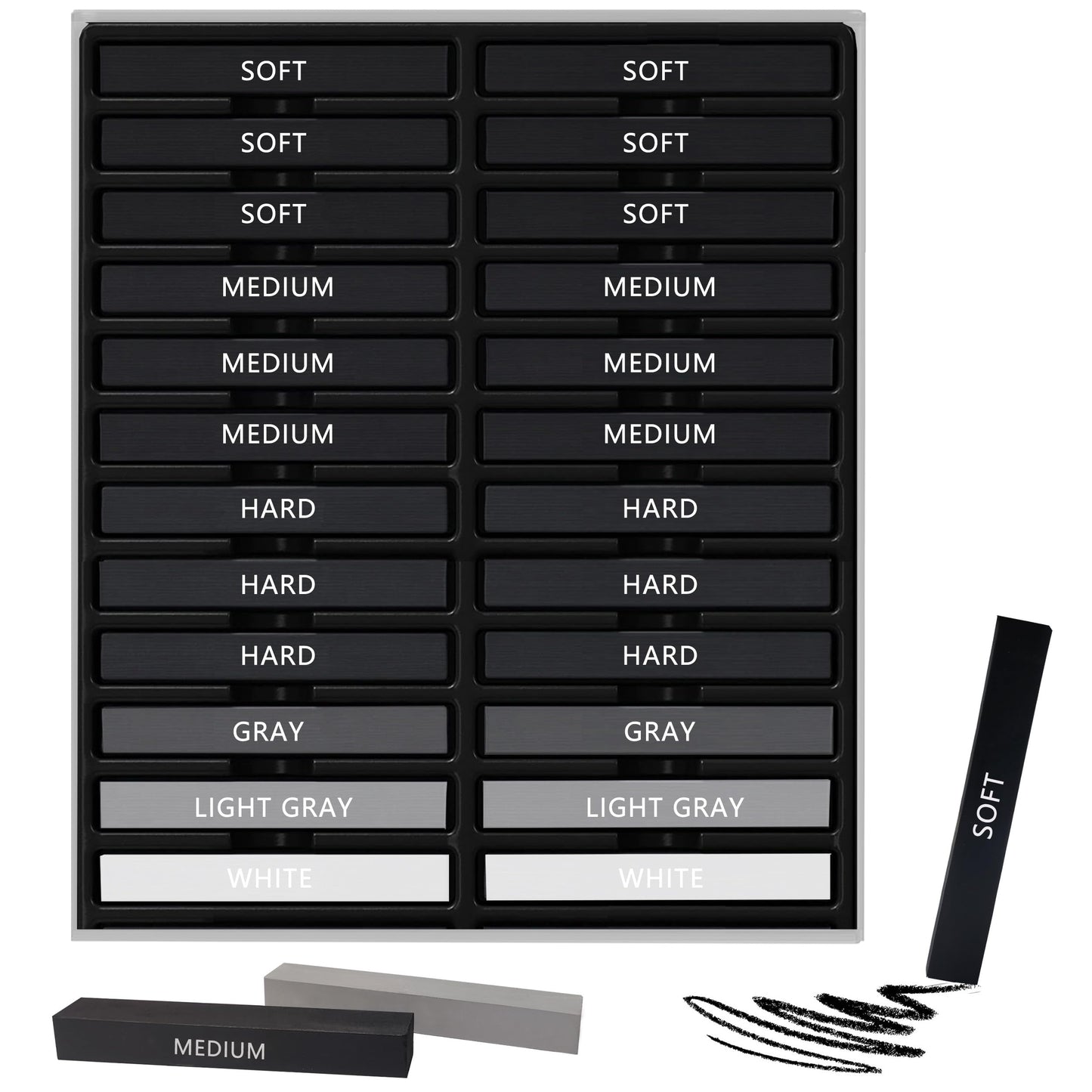 Dlicoda 24 Pcs Compressed Charcoal Sticks with Soft, Medium, Hard and White Charcoal, Square Vine Charcoal Stick Kit for Drawing, Sketching and Shading, Art Supplies for Artists Beginners
