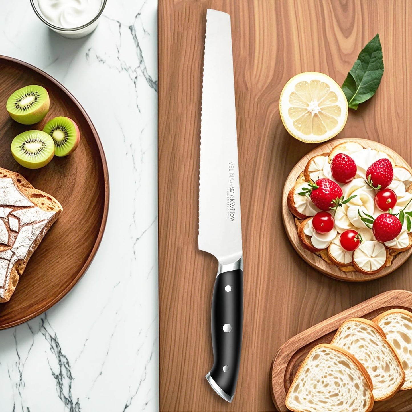 WICKWILLOW 10" Bread Knife – Razor Sharp German Steel – Serrated Knife for Homemade Bread & Sourdough – Full Tang & Ergonomic Handle – Gift Box – Velina Series