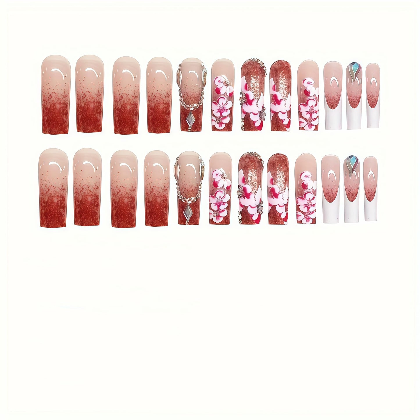 Long Press on Nails Square Fake Nails Pink Acrylic Nail Press Ons Seeneey 3D Flowers and Rhinestones Designs Stick on Nail for Women 24pcs