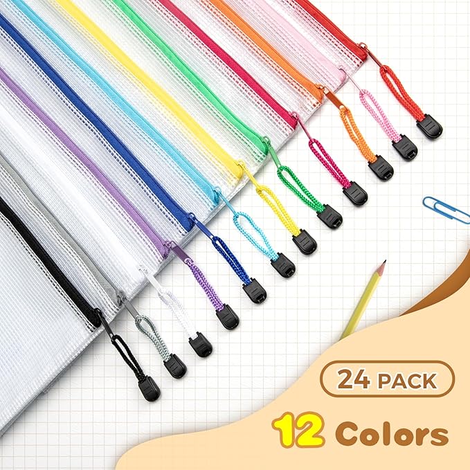 Umriox 24 Pack 12 Colors Zipper Pouches for Organizing, A3 Size (16.9 x 12.4), Big mesh Bags, Zipper Bags for Puzzles & Board Game Storage, Office Supplies Travel Toiletries