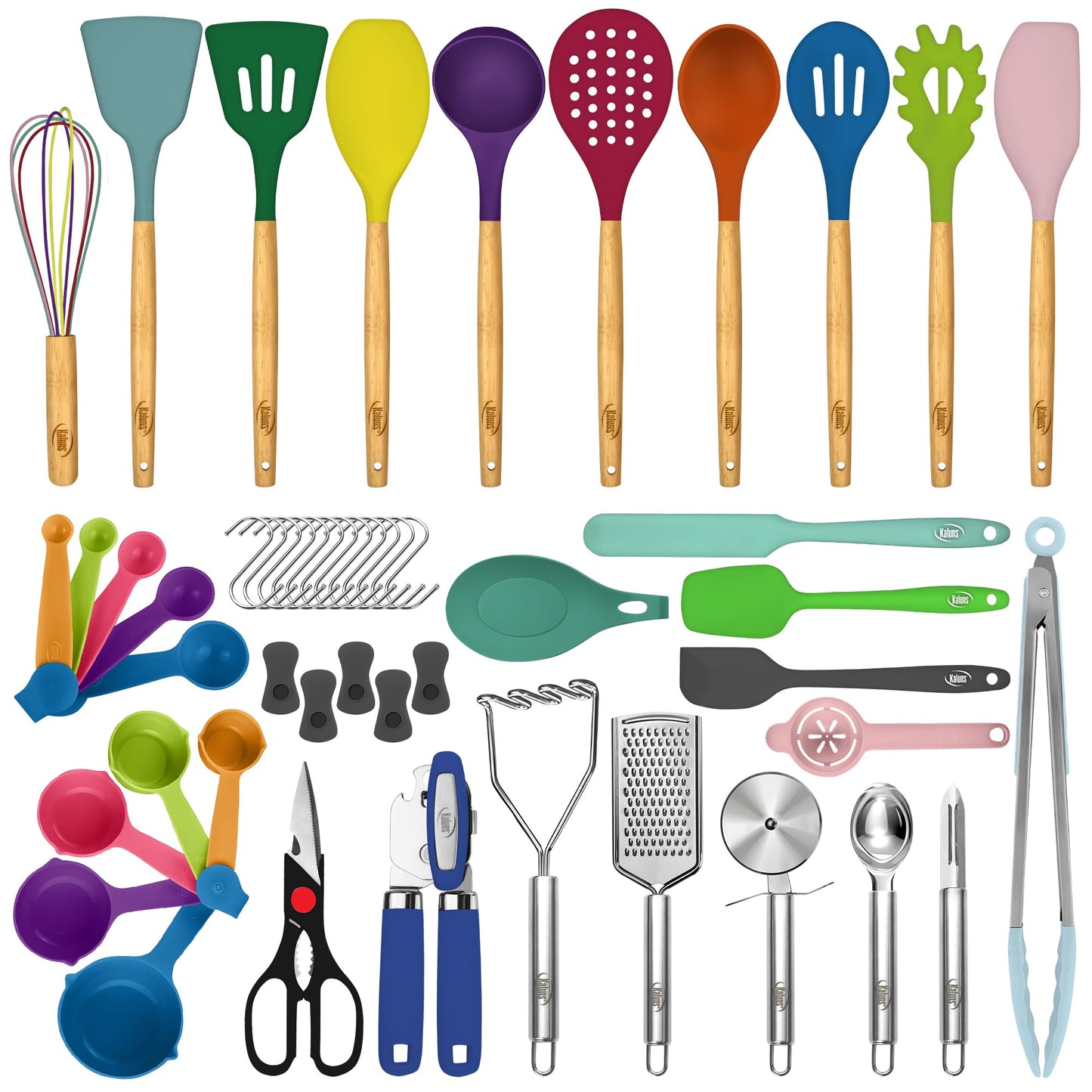 Kaluns 50 PCS Silicone Kitchen Utensils Set Complete Kitchen Set - 800°F Heat Resistant Non-Stick Premium Cooking Utensils W Wooden Handles - Can Opener, Masher, Turner, Silicone Spatula Set