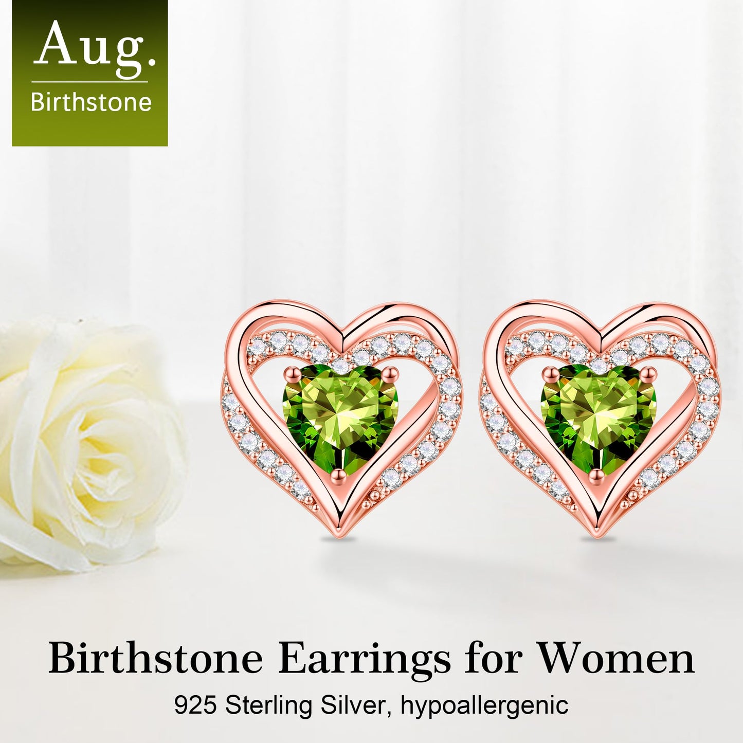 Iefil Earrings for Women, Rose-Gold-Plated August Birthstone Peridot Heart Stud Earrings for Women