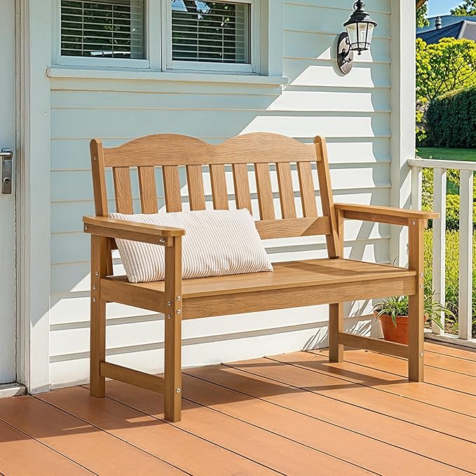 ONBRILL Outdoor Bench, 2-Person Poly Lumber Garden Bench with 800 lbs Weight Capacity, All-Weather Patio Bench with Armrests and Backrest for Garden, Porch, Backyard and Park, Teak