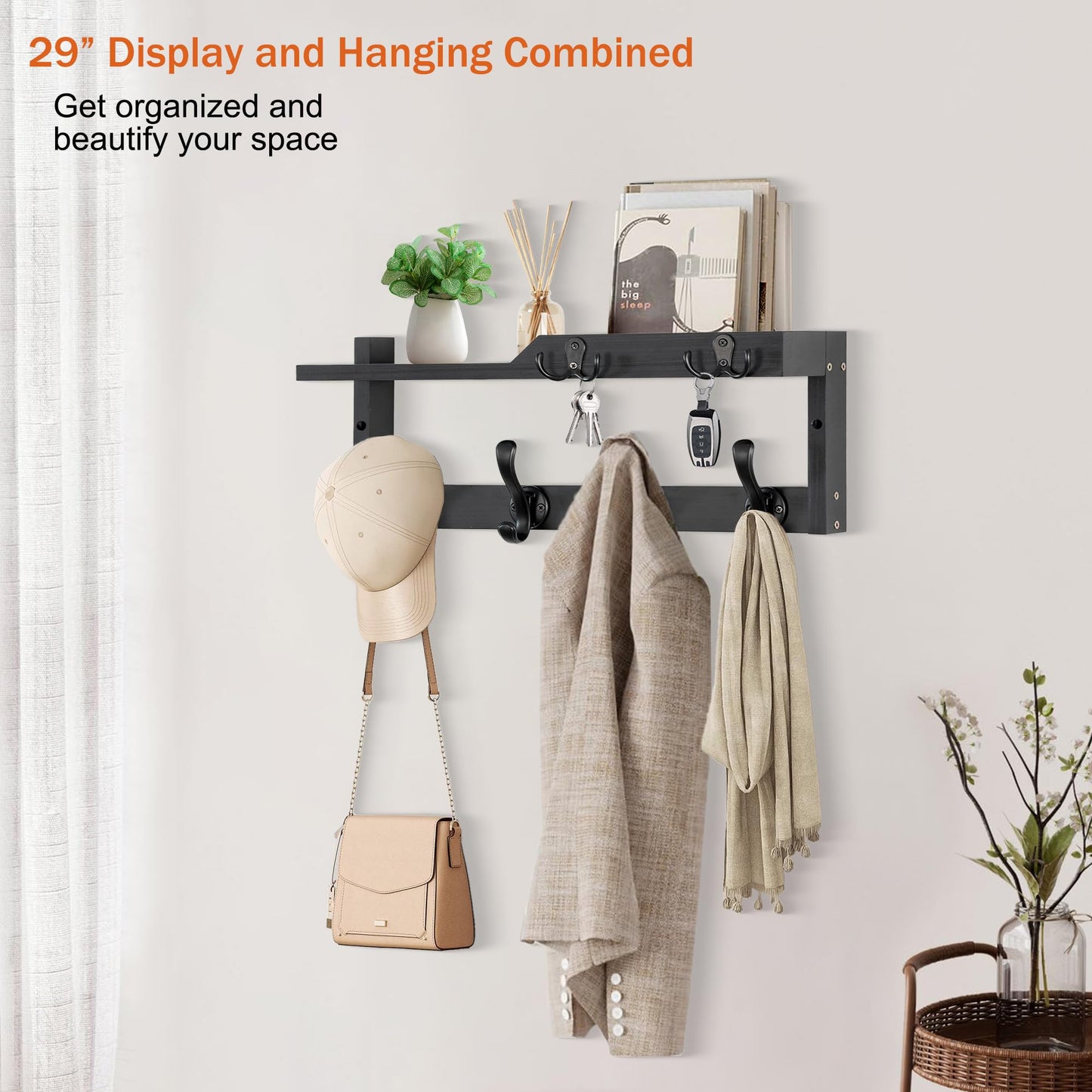 dreampossible Coat Rack Wall Mount with Shelf, Coat Hanger Wall Mount with Key Hooks and Mail Holder, Wood Entryway Floating Shelf with Hooks and Storage, Hat Rack for Wall Key Holder Mail Organizer