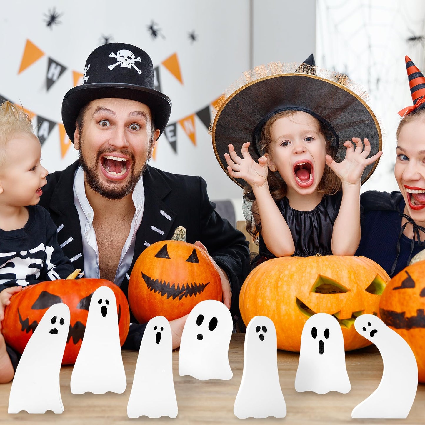 Whaline 7Pcs Halloween Wooden Table Signs Cute Ghost Shape Wooden Cutouts Rustic Tiered Tray Decor for Home Office School Desk Tabletop Decoration