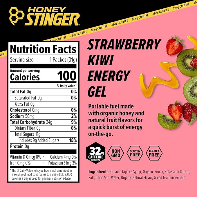 Honey Stinger Caffeinated Organic Energy Gel Variety Pack 12 Packs Each of Salted Caramel Latte & Strawberry Kiwi Caffeinated & Gluten Free For All Exercises Sports Nutrition for Home & Gym