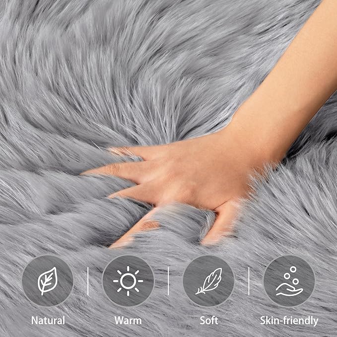 Ciicool Faux Fur Rug for Bedroom, Grey Fluffy Shag Rug for Sofa Couch Seat Cushion, Washable Fuzzy Runner Rugs Thick Fur Area Rug Floor Carpets for Bedside Living Room, 2x6 Ft Rectangle