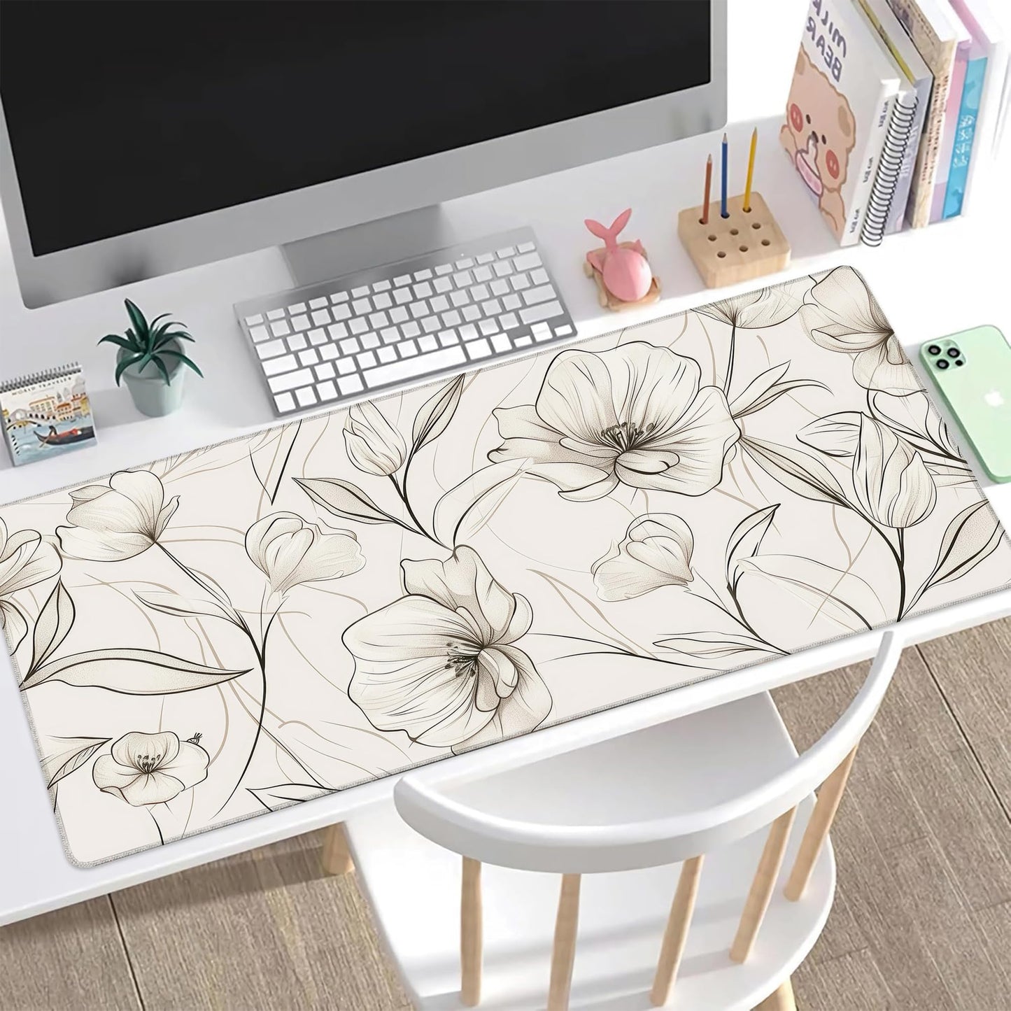 Desk Pad, Boho Minimalist Flowers XXL Gaming Mouse Pad with Stitched Edges,Non-Slip Waterproof Rubber Base Large Desk Mat for Keyboard and Mouse 35.4"x15.7"