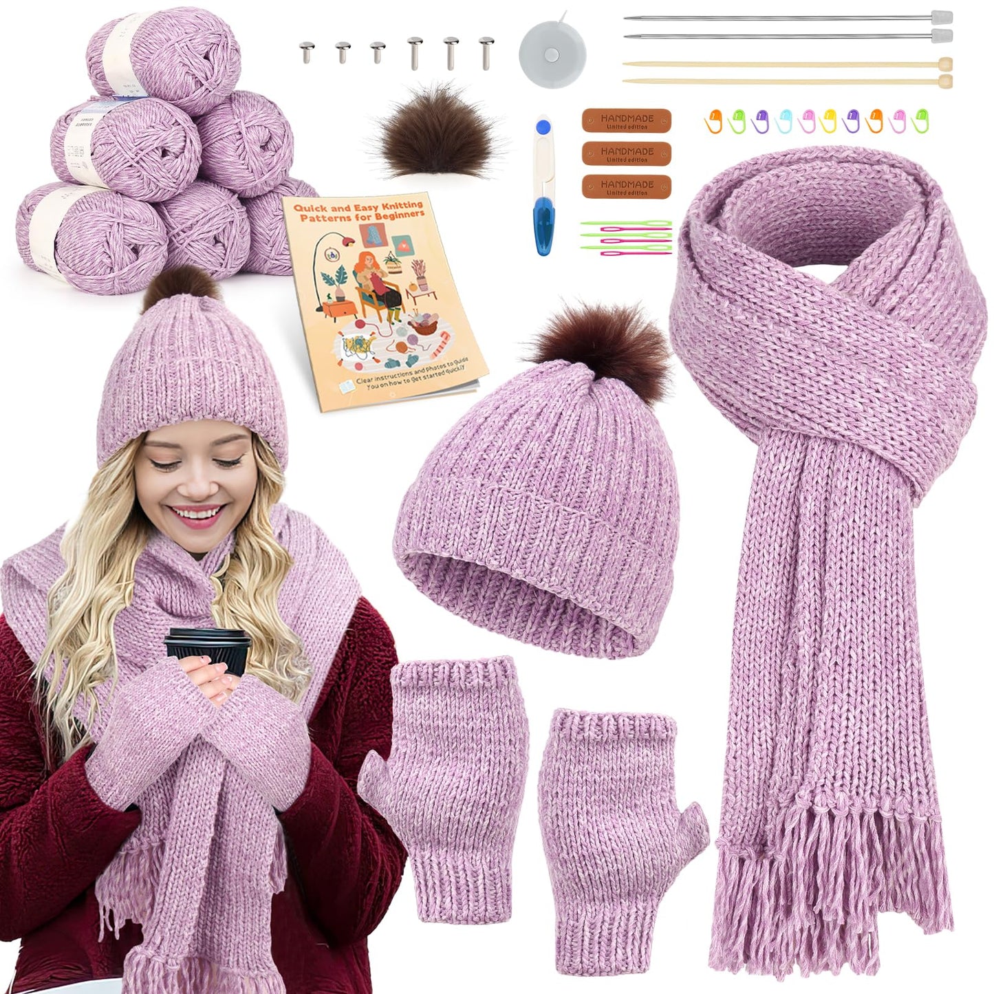 Katech Knitting Kit for Beginners Adults-Beginners Knitting Kit for Adults-Learn to Knit Kits for Adult Beginner Kids w/Step-by-Step Instruction-Complete Hat Scarf Gloves Knitting Starter Kit