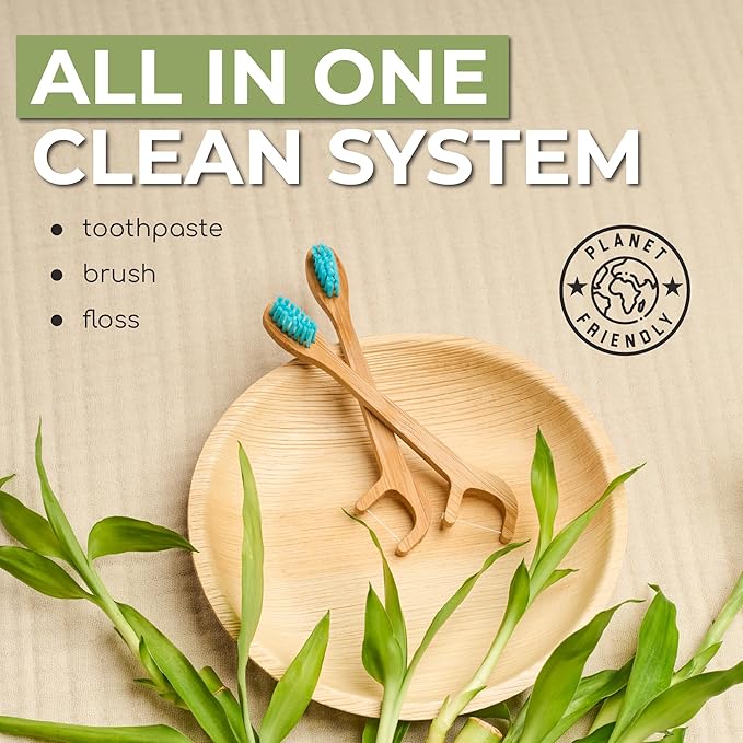 Brushee - 12 Pack Bamboo Toothbrushes Kit - 3-in-1 Travel Toothbrush with Flosser - Soft Eco-Friendly Disposable Toothbrushes with Toothpaste Fresh Mint Flavored - Individually Wrapped for Travel
