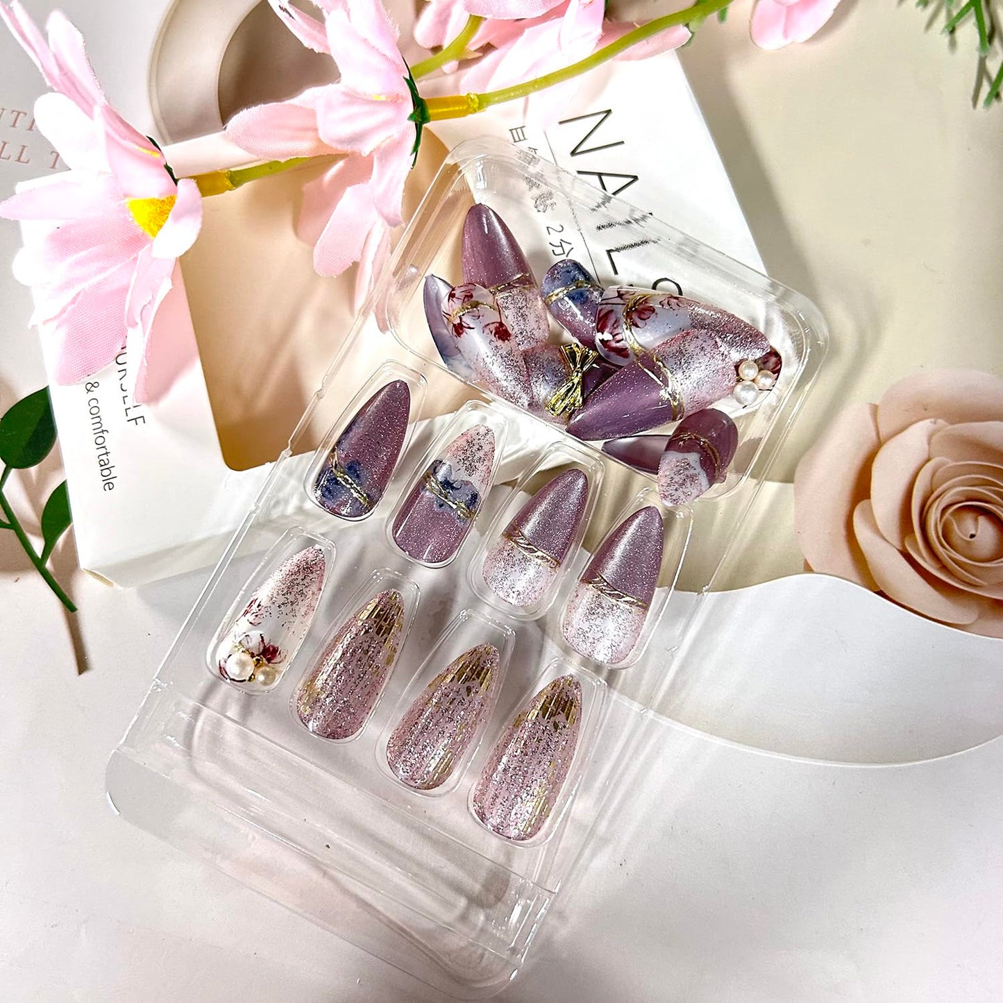 Flower 3D Press on Nails Almond Medium Pearl Bow Design Purple French Acrylic False Nail Full Cover Glitter Powder Artificial Fingernails Press Ons Floral Stick on Nails DIY Glue on Nails for Women
