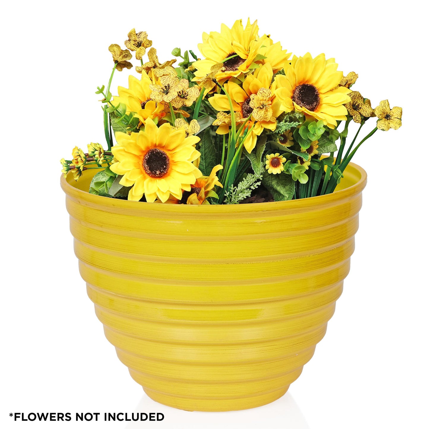 Alpine Corporation TWM116HH-S-YL Indoor/Outdoor 12" Round Plastic Planter, Ribbed Planter with Drainage Hole and Plug, Yellow