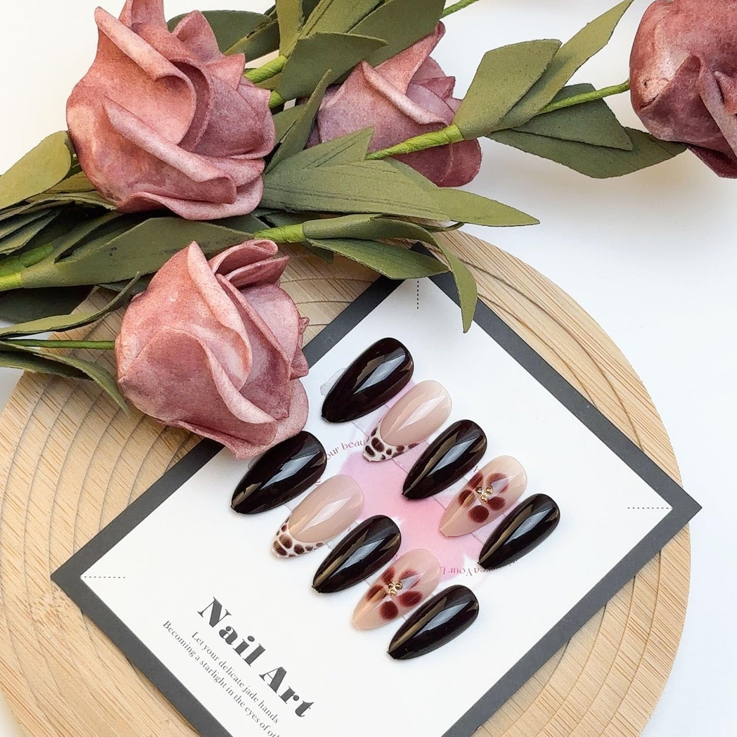LBPEPAMZ 24Pcs Brown Flower Press on Nails Medium Almond Fake Nails with 3D Gold Beads Design Crocodile Pattern French Tip Acrylic False Nails Winter Autumn Pink Full Cover Stick on Nails for Women