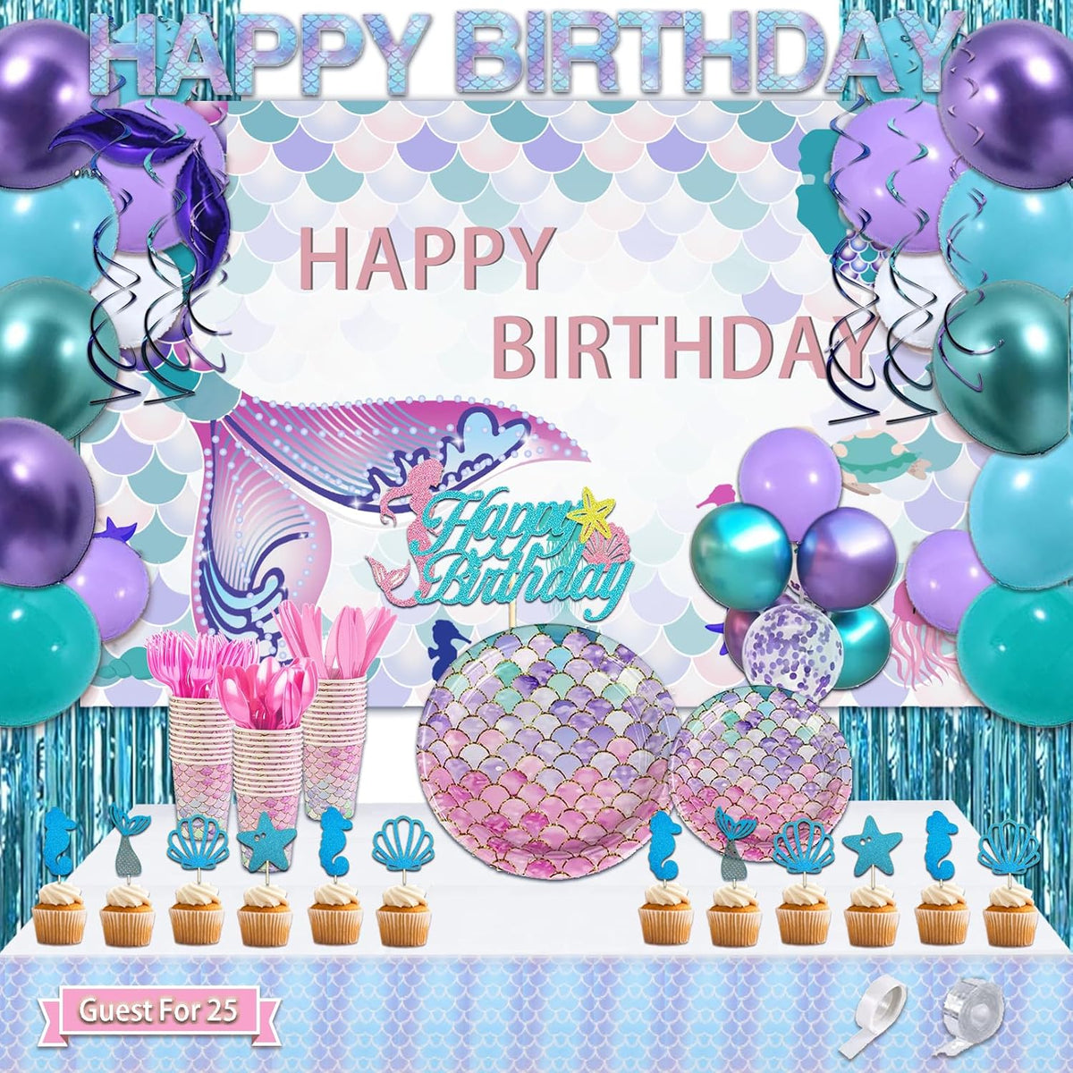 299 Pcs Mermaid Birthday Decorations, Mermaid Party Decorations Kit - Disposable Dinnerware Set with 25 Guests, Backdrop, Balloon, Banner, Tablecloth, Knives, Forks, Spoons, CakeTopper