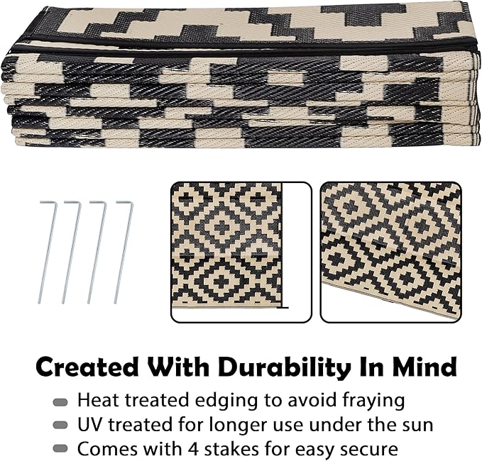 SAND MINE Waterproof Outdoor Rug 9x18 ft, Plastic Reversible Rug, Modern Area Rug, Large Floor Mat for Outdoors, RV, Patio, Backyard, Deck, Picnic, Beach, Camping, Black & Beige