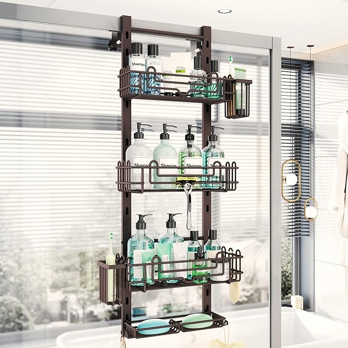 HapiRm 4 Tier Over the Door Shower Caddy, Hanging Shower Caddy with 22 Hooks and 2 Toothbrush Holders, No Drilling Adjustable Hanging Bathroom Organizer - Bronze