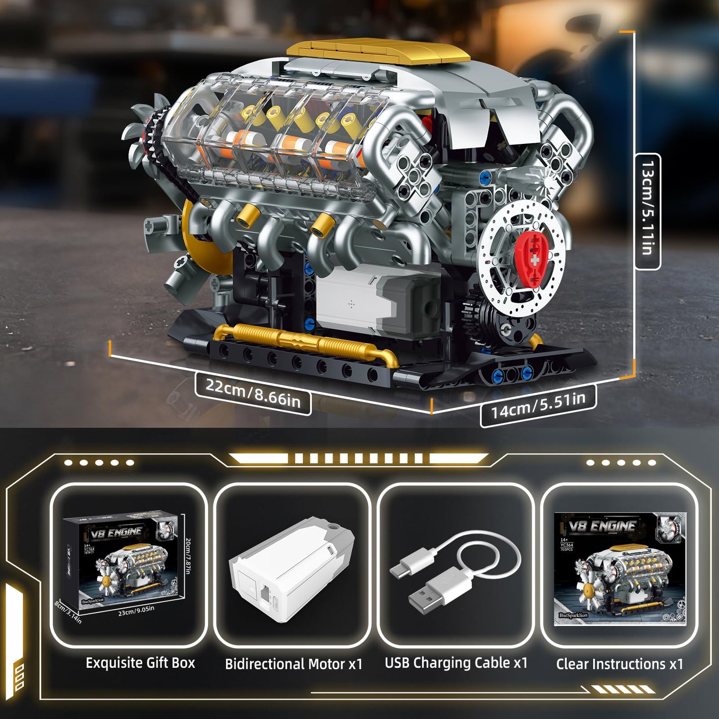 BseSparklion V8 Engine Model Kit that Runs, Build Your Own Mini Visible Car Motor, Physical Science Experiment Building Set for Adults & Teens, STEM Toy Gift for Boys 14+ (703 PCS)
