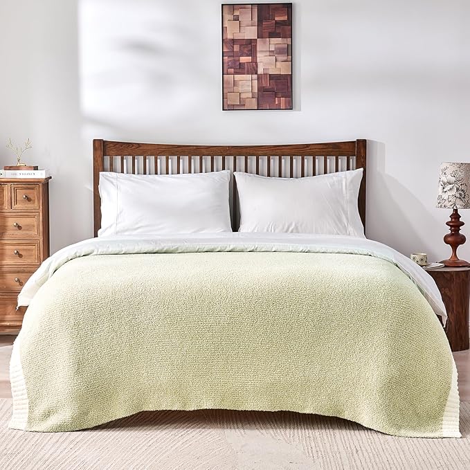 CozeCube Melange Blanket, Ultra Soft Sage Green and White Throw Blanket, Warm Cozy Knit Fuzzy Plush Reversible Throw for Couch Bed Sofa, 50"x60"