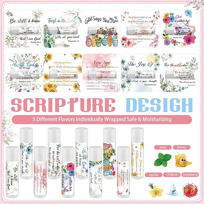 50 Pack Christian Religious Gifts Bulk Bible Verse Lip Balms 5 Flavor for Women Men Christian Religious Church Party Favors with Scripture Inspirational Gifts for Coworkers Staff