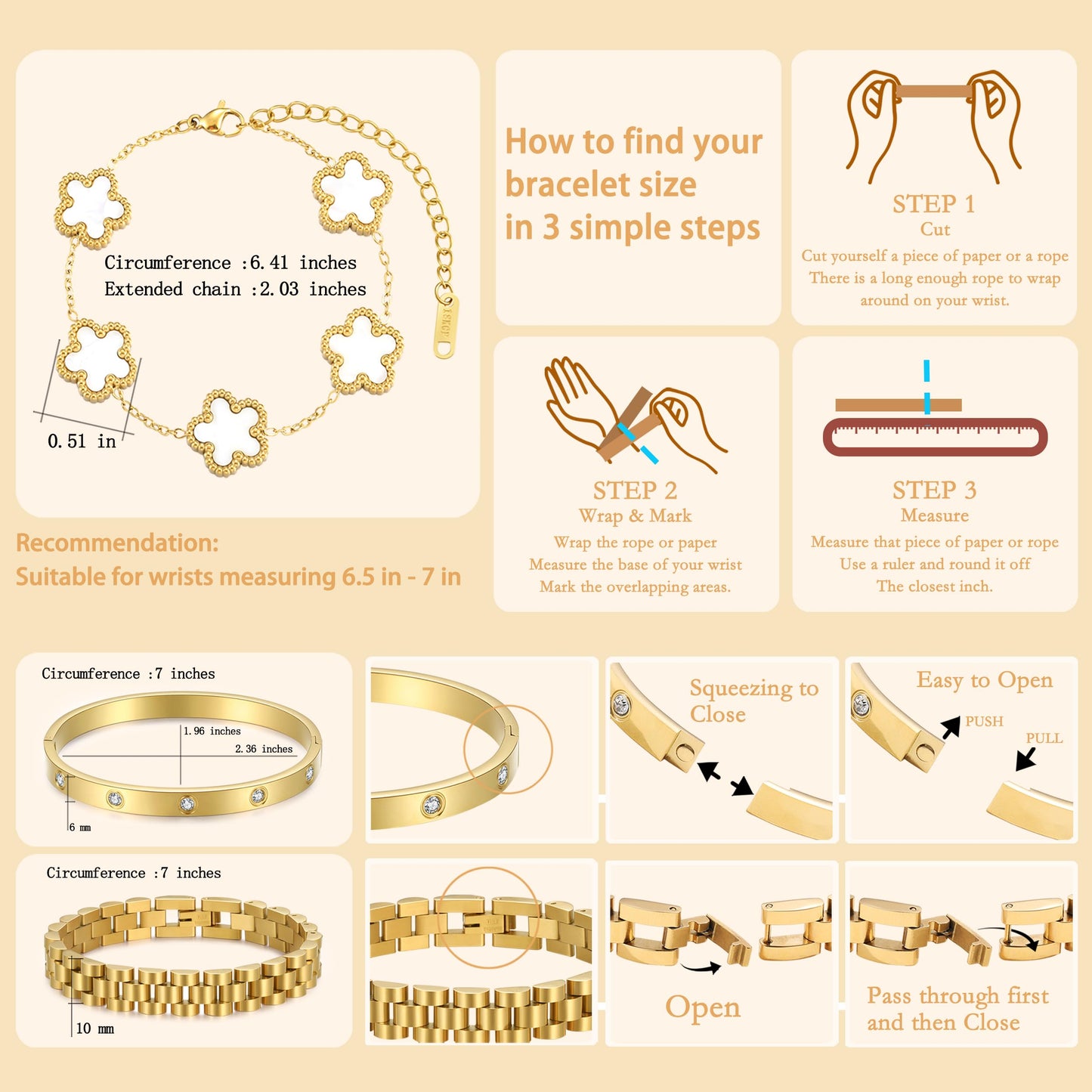YOQ Stackable Four Leaf Clover Bracelets for Women, 18K Gold Plated Love Bangle Bracelets Set, 3 Pcs Charm Jewelry Gifts (White)