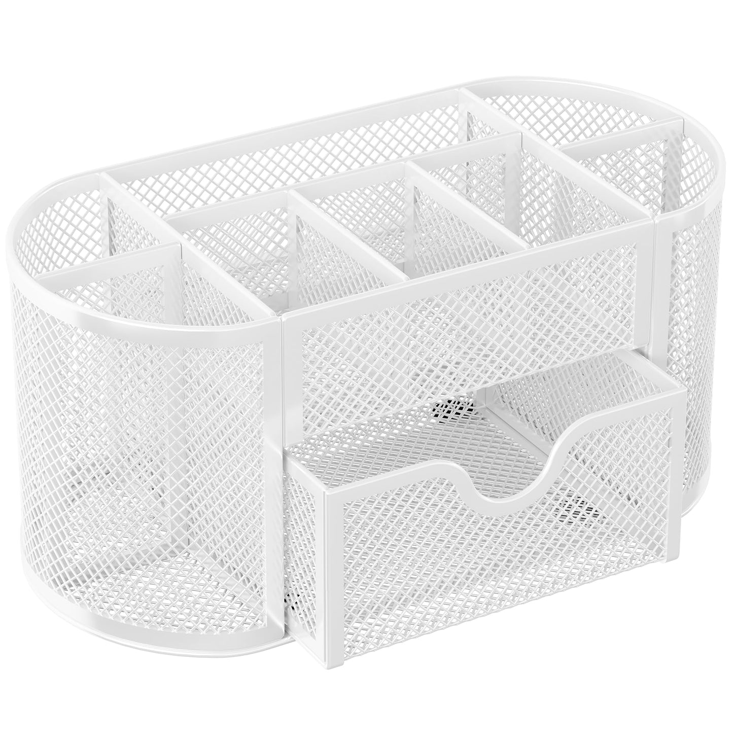 EasyPAG Mesh Pen Holder Desk Organizer with Drawer Stationery Supplies Organizer for Dorm School 9 Compartments Workspace Desk Accessories Organization for Office, White