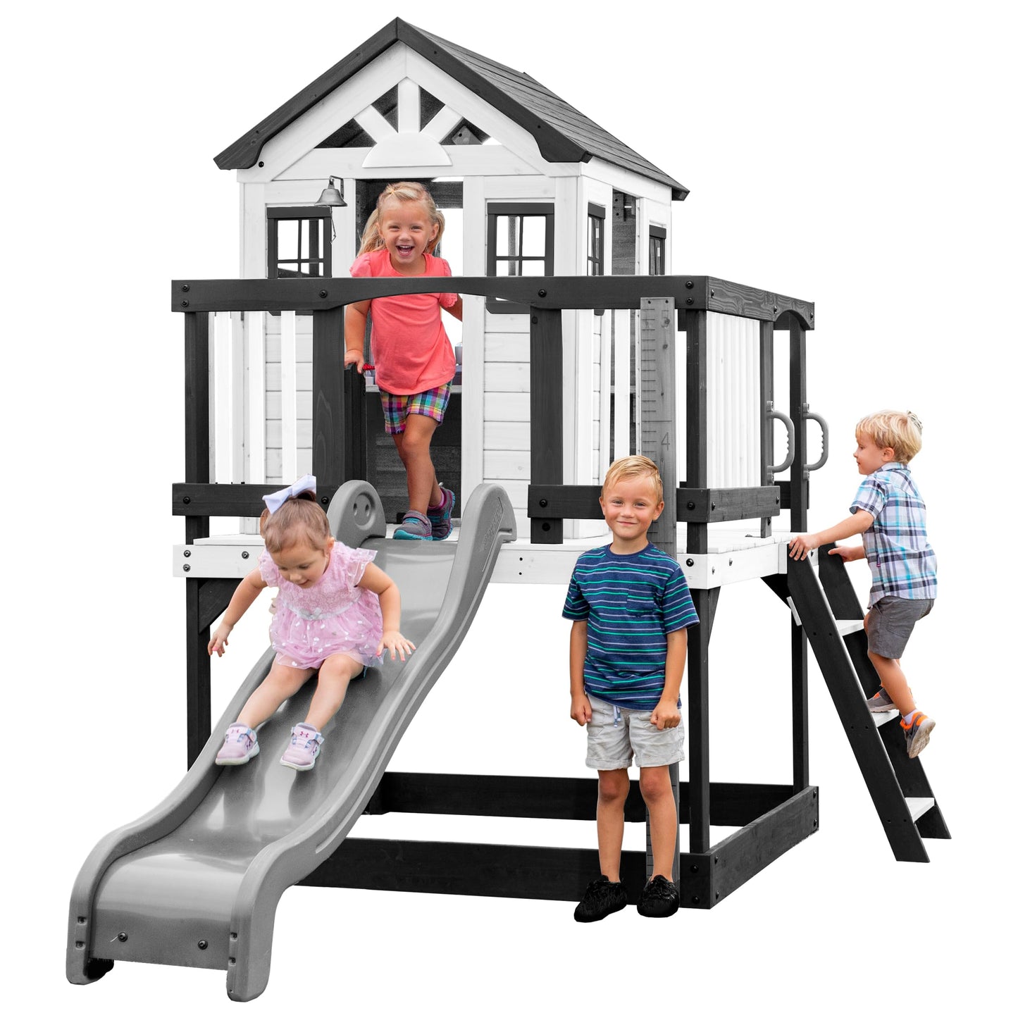 Backyard Discovery Sweetwater Heights White Elevated Cedar Wooden Kids Playhouse with Wave Slide, Play Kitchen, Step Ladder, Half Door, Wrap-Around Deck, Windows, Bell, Growth Chart for Outdoor Play