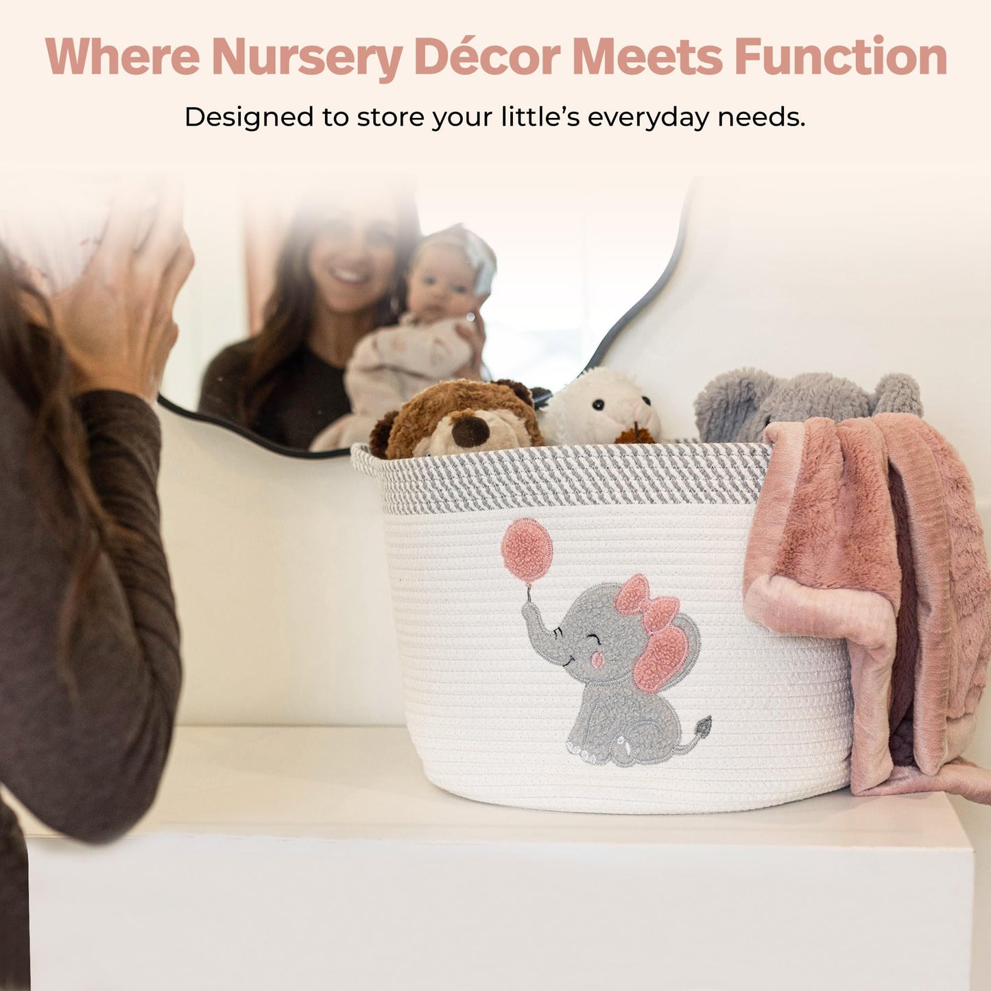 Elephant Storage Basket for Nursery – Large 15”x11” Cotton Rope Bin with Soft Felt Elephant Patch – Toy Organizer, Baby Laundry Hamper, Diaper & Towel Holder – Foldable, Washable & Baby-Safe