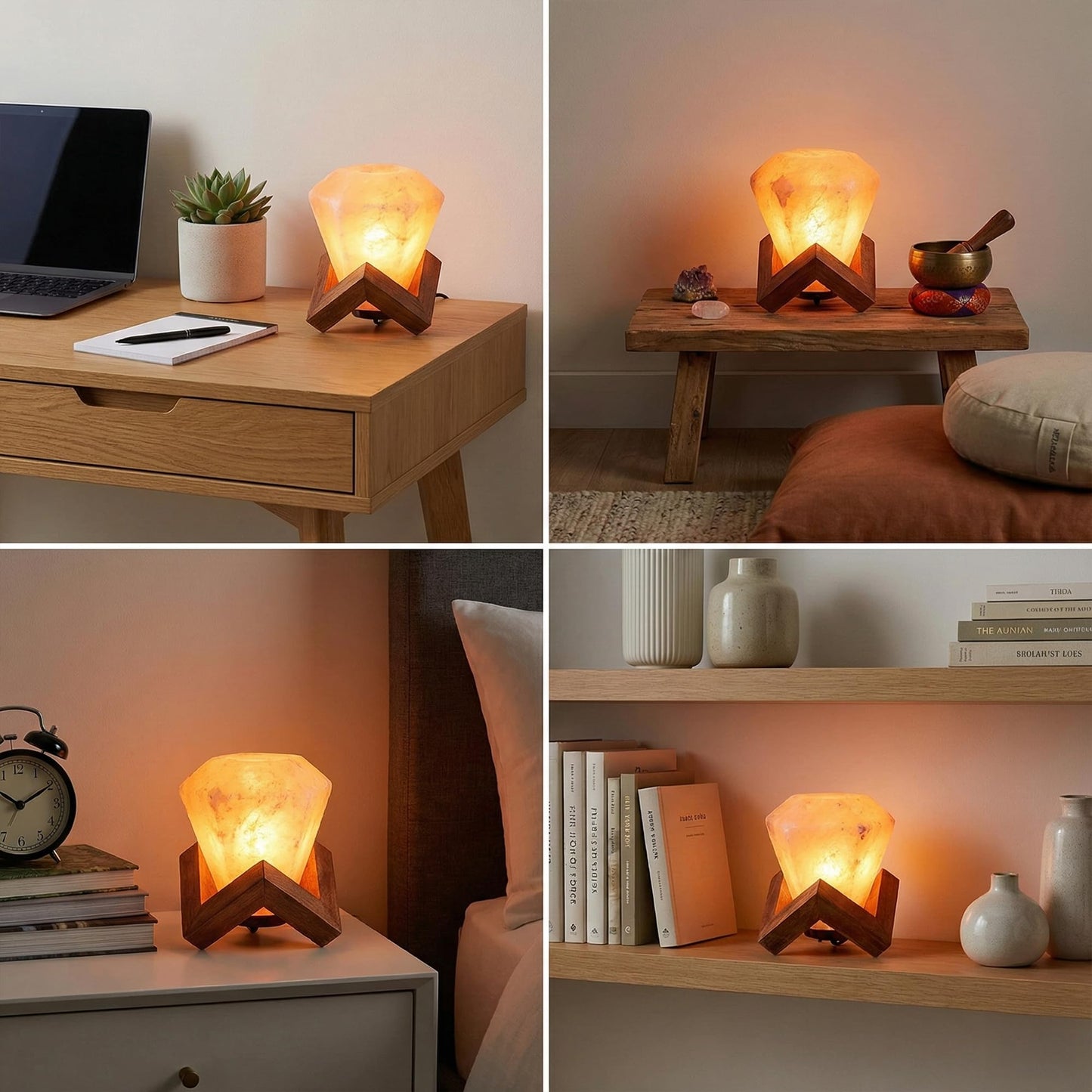 Himalayan Salt Lamp Diamond Shape – Hand-Carved Pink Rock Salt Light with Dimmer, Warm Mood Lighting for Bedroom, Home & Office – Wooden Base