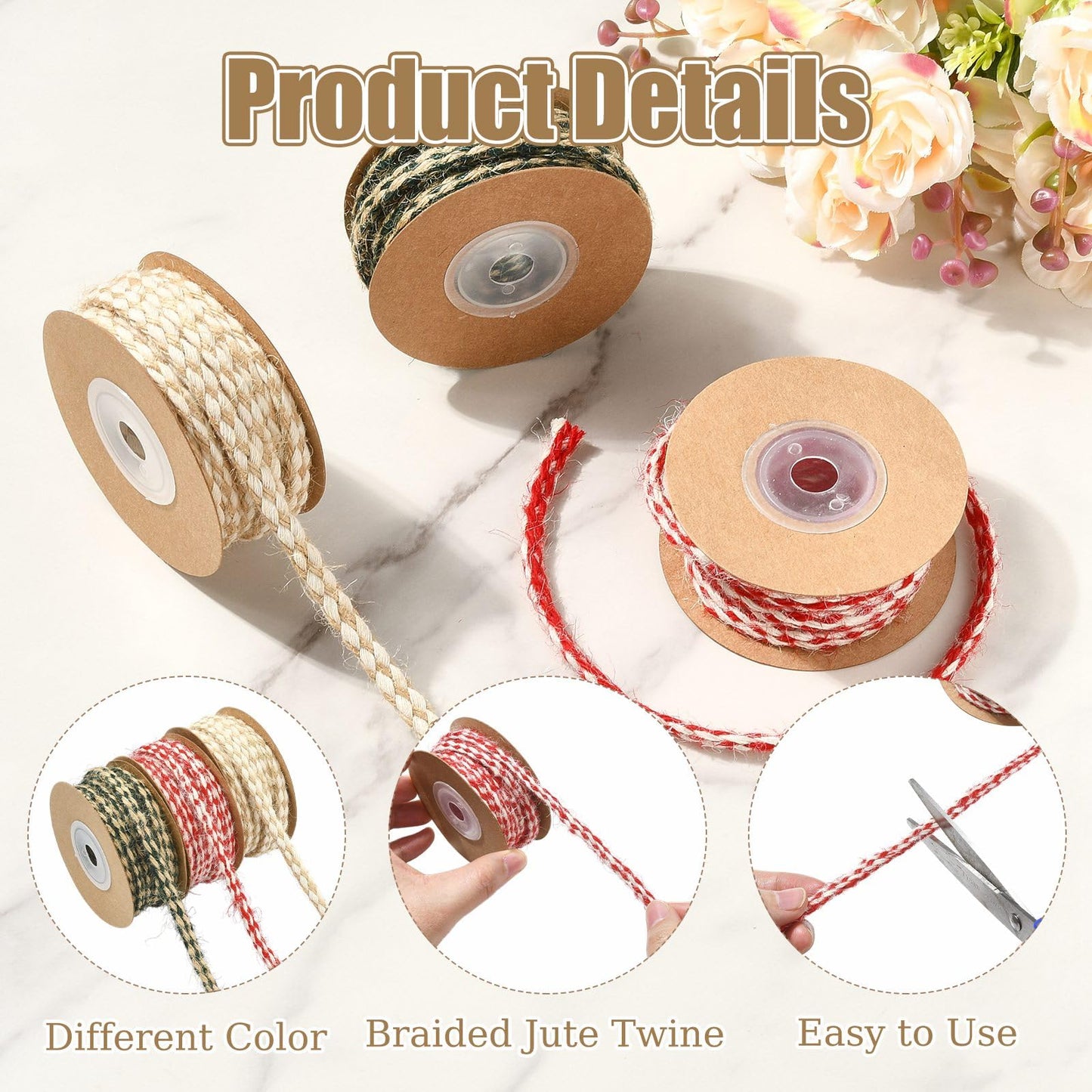 Gythara 5 Yards/4.57M Braided Jute Twine, Boho Christmas String Rope, for Wedding Party DIY Handmade Craft Bouquets Present Wrapping, 3 Rolls 3 Colors