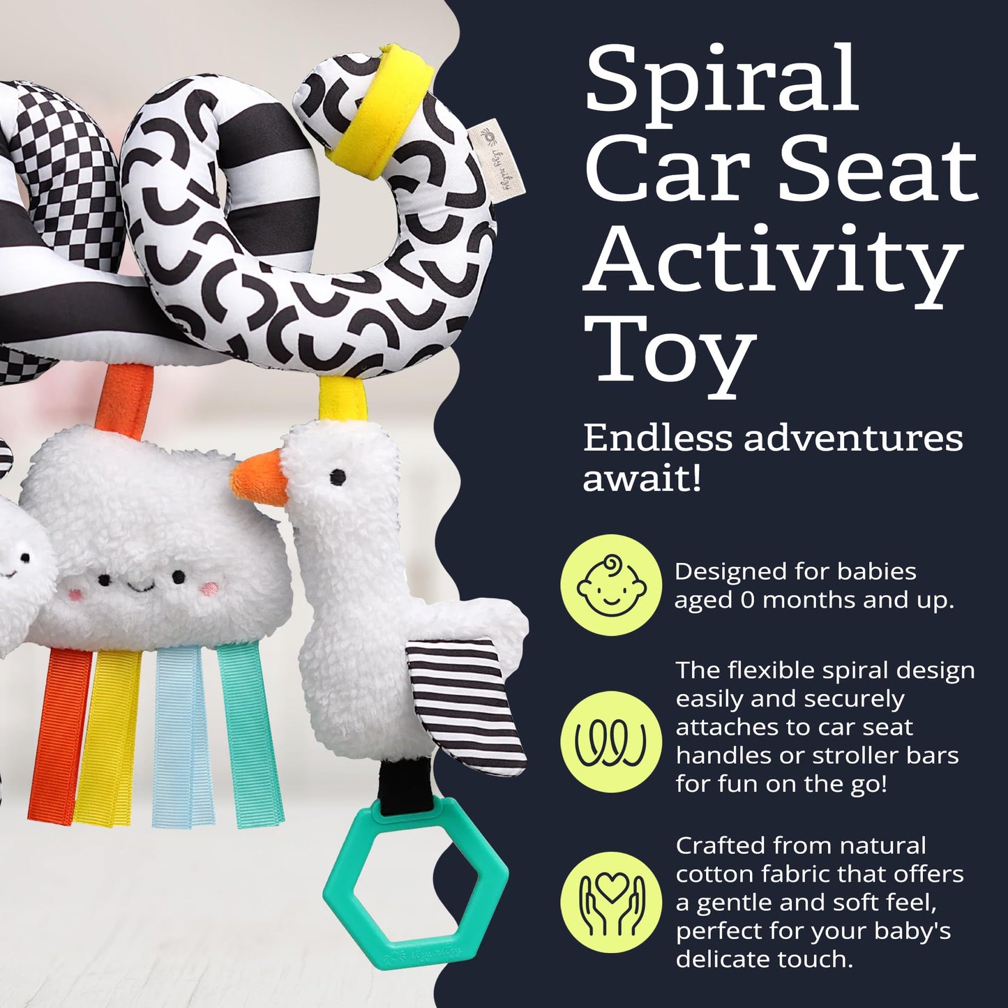Itzy Ritzy Spiral Car Seat & Stroller Activity Toy - Stroller & Car Seat Toys for Ages 0 Months and Up - Hanging Toys Include Dangling Ring, Mirror and Textured Ribbons (High Contrast)